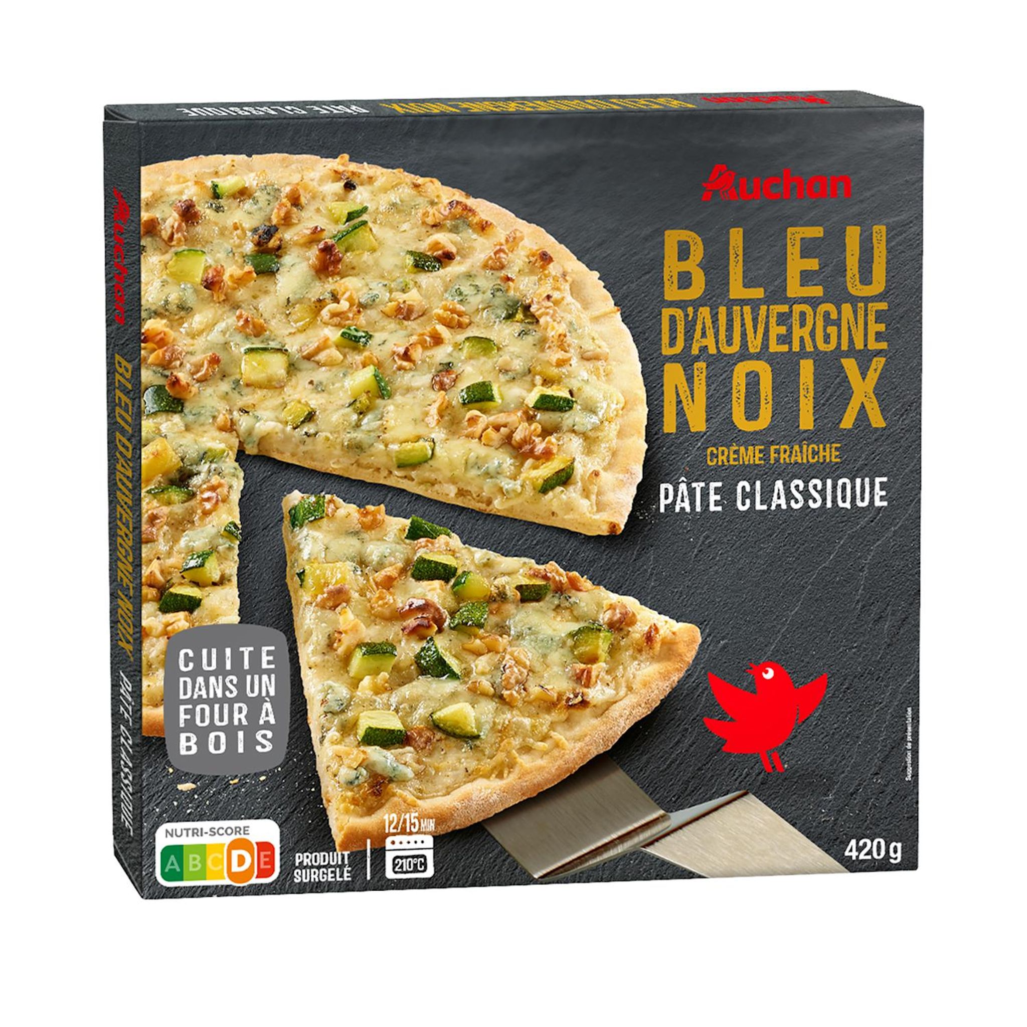 Voir la diapositive 3 : AUCHAN Pizza bleu d'Auvergne noix crème fraîche cuite dans un four à bois 420g