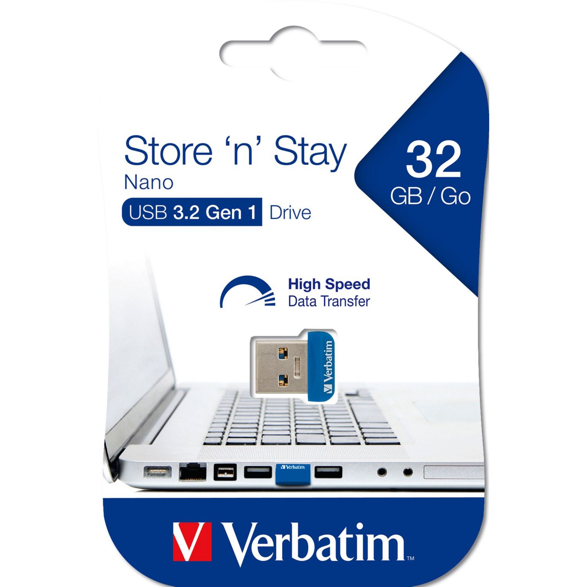 Voir la diapositive 2 : VERBATIM Clé USB NANO 32G SNS USB3.2G1 - Bleu
