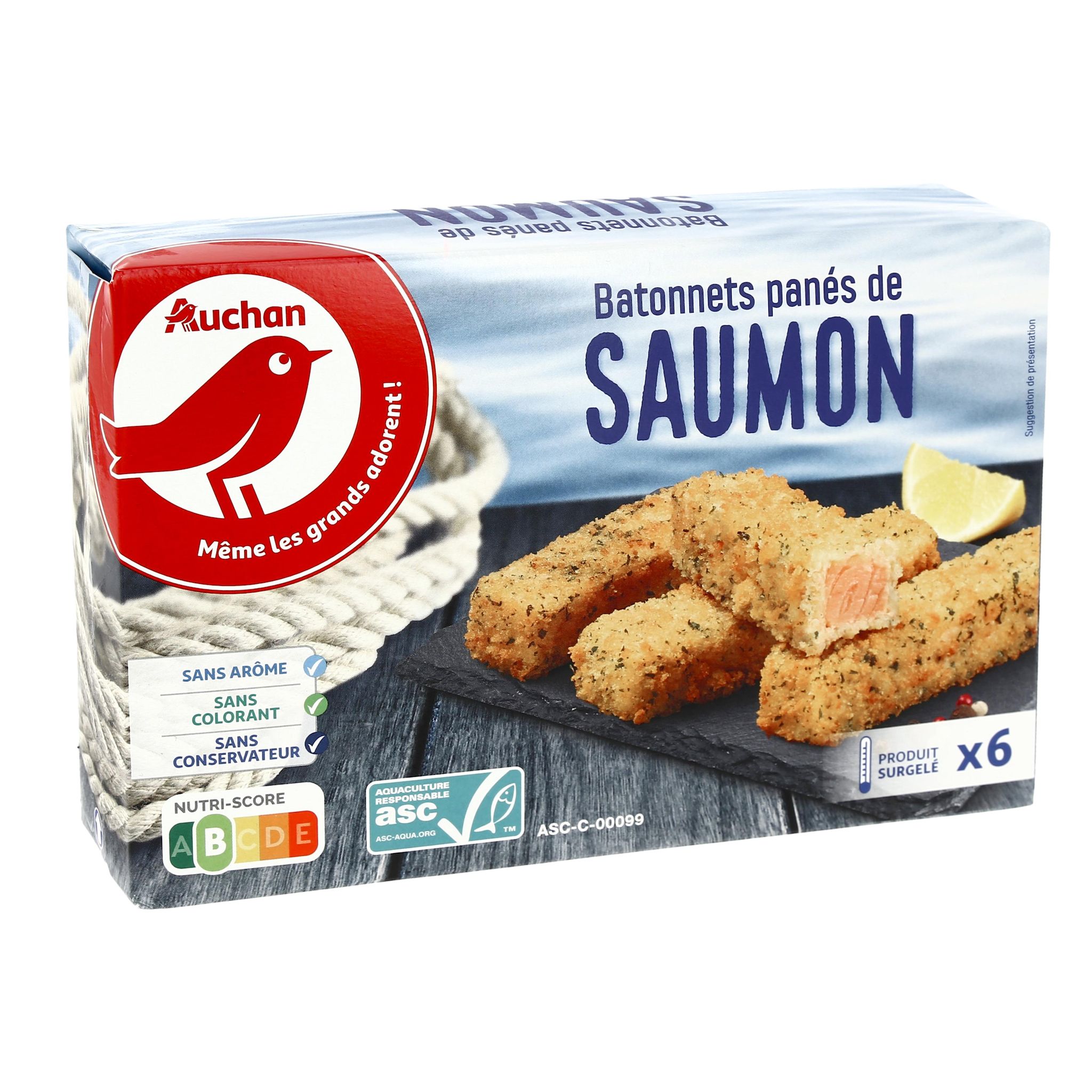 Voir la diapositive 2 : AUCHAN Bâtonnets panés de saumon 6 pièces 360g