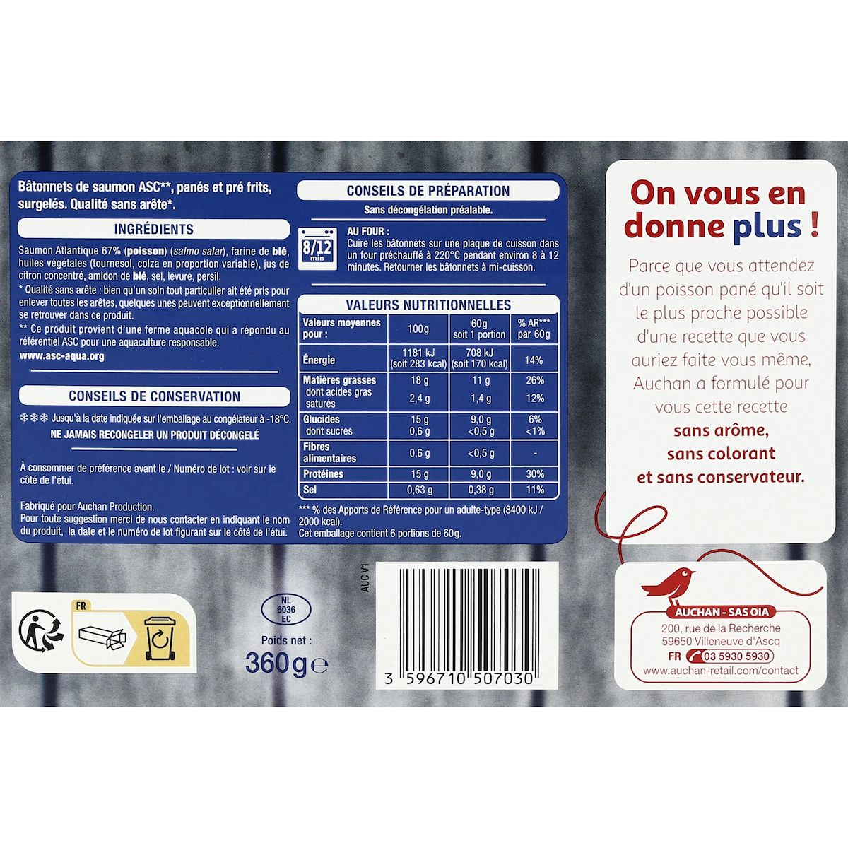 AUCHAN Bâtonnets panés de saumon 6 pièces 360g