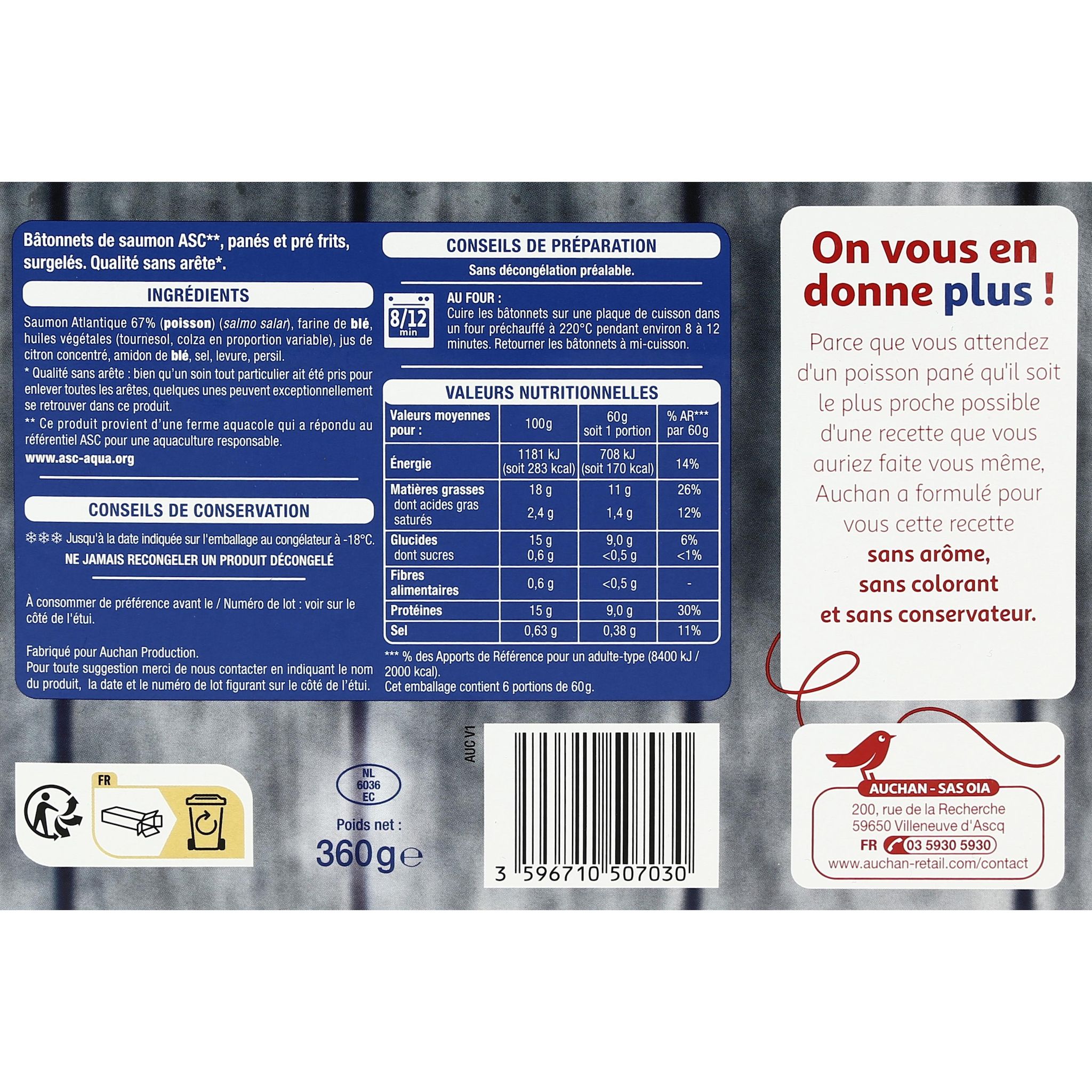 Voir la diapositive 4 : AUCHAN Bâtonnets panés de saumon 6 pièces 360g