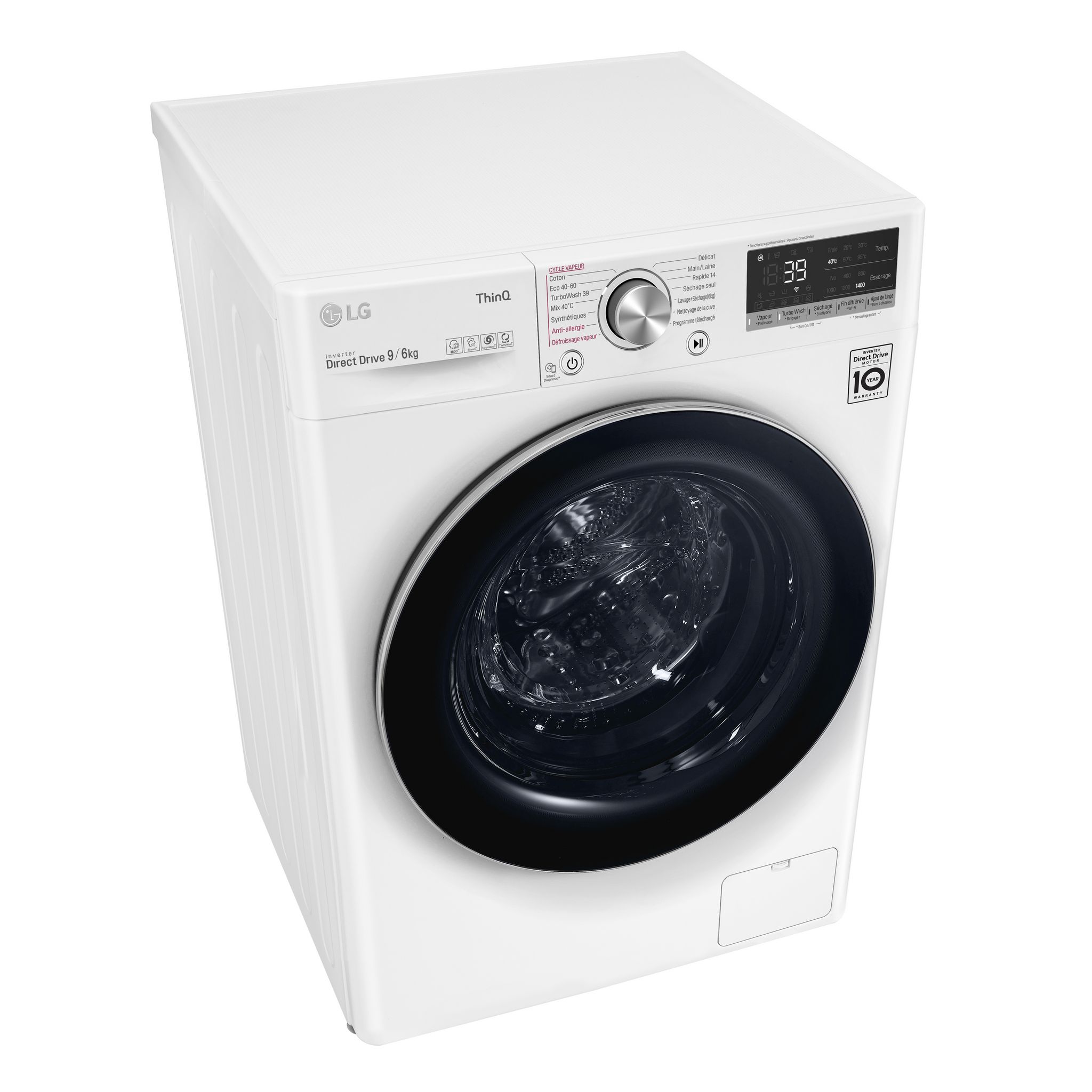 Voir la diapositive 7 : LG Lave linge séchant hublot F964V72WRHT, 9 kg de lavage, 6 k de séchage, 1400 T/min, Condensation