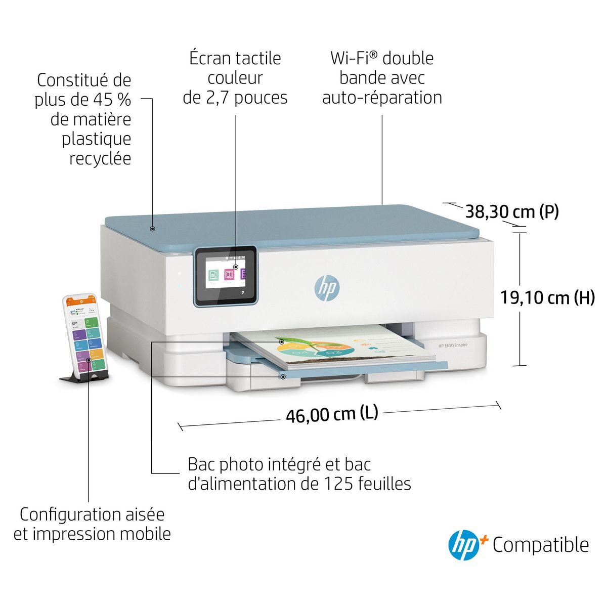 HP Imprimante ENVY 7221E - 3 mois d' Instant ink inclus avec HP+ - Blanc et Gris