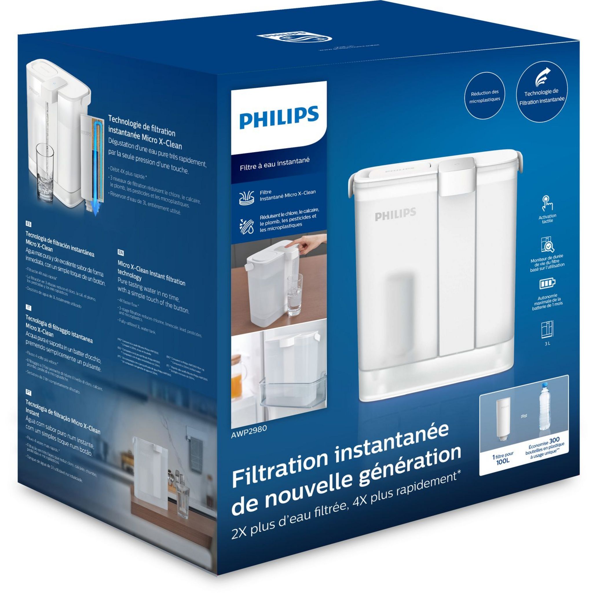 Voir la diapositive 3 : PHILIPS Carafe filtrante instantanée AWP2980 - Blanc