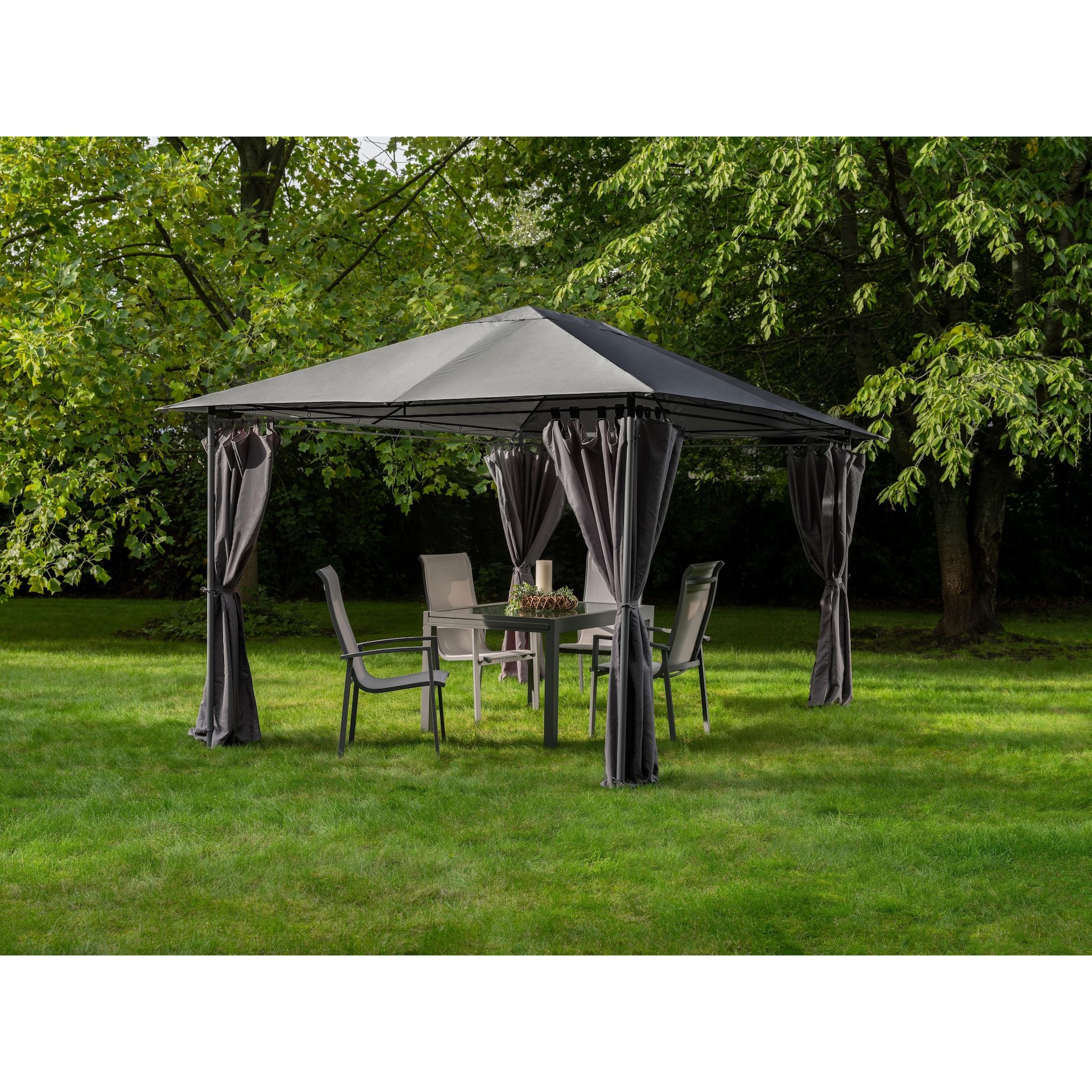 GARDENSTAR Tonnelle de jardin avec rideaux - Acier et polyester - 296X396X265cm - Gris