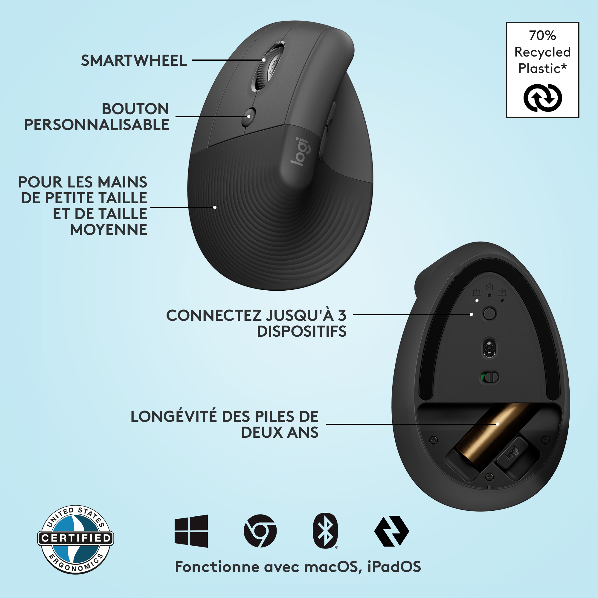 Voir la diapositive 6 : LOGITECH Souris sans fil LIFT ergonomique - Main gauche - Gris noir