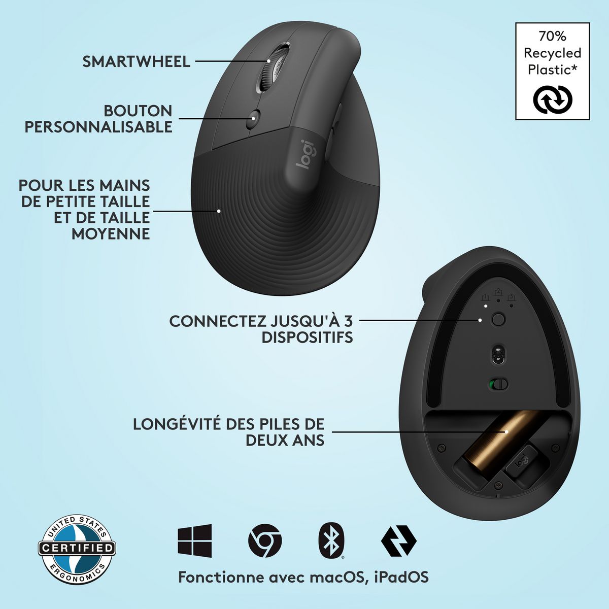LOGITECH Souris sans fil LIFT ergonomique - Main gauche - Gris noir