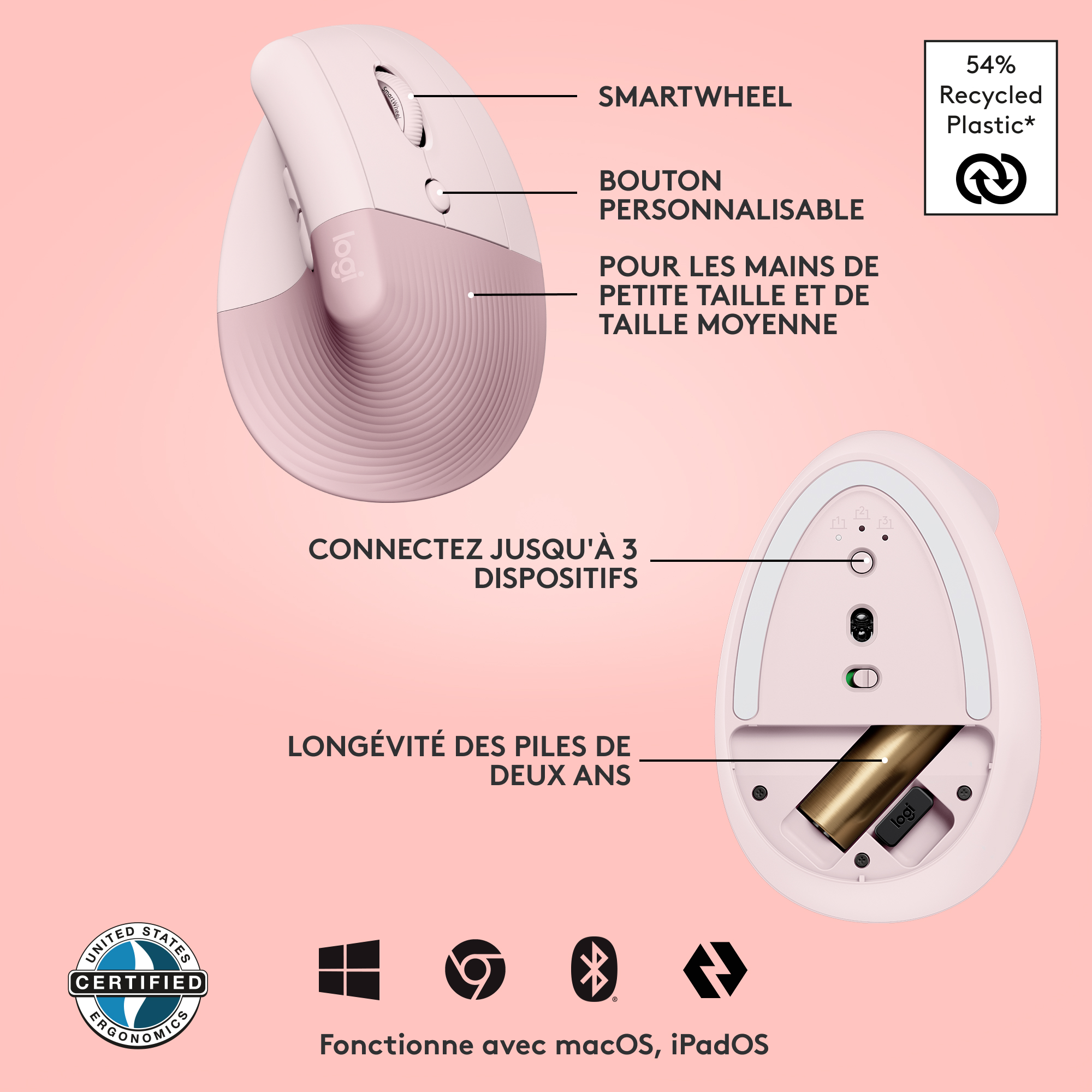 Voir la diapositive 6 : LOGITECH Souris LIFT SOURIS ERGO - Rose