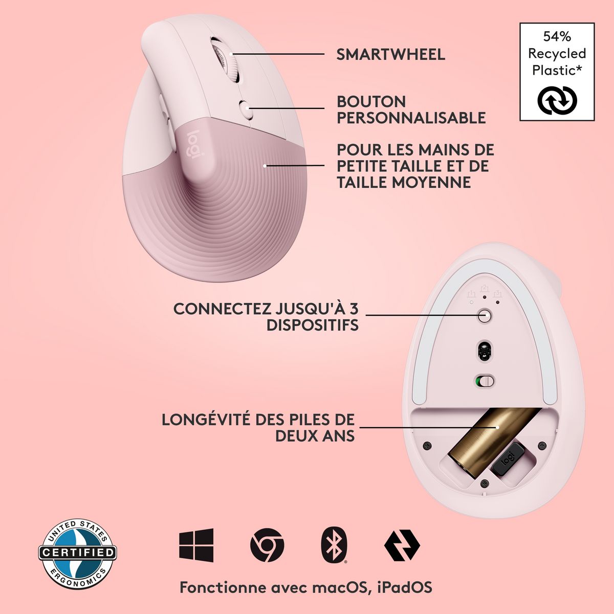 LOGITECH Souris LIFT SOURIS ERGO - Rose