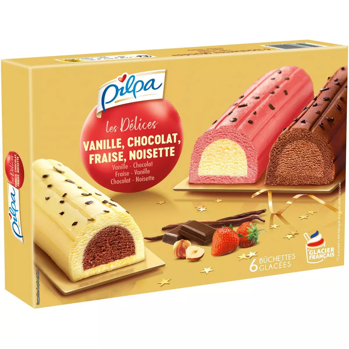 PILPA Les délices buchettes glacées vanille chocolat fraise noisette 6 pièces 354g