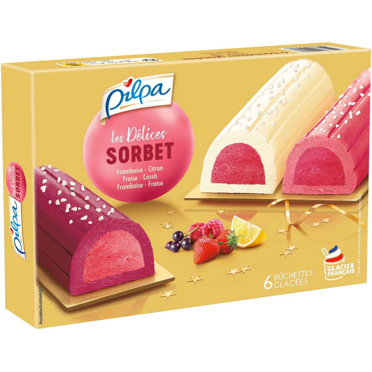 PILPA Buchettes glacées sorbet framboise citron fraise cassis 6 pièces 366g