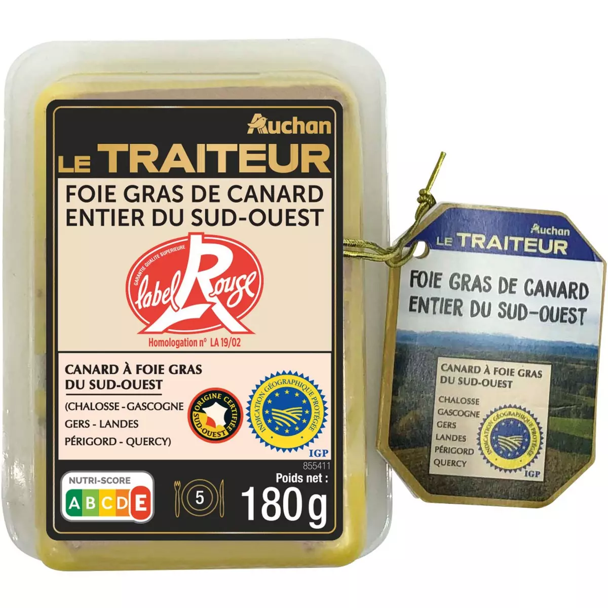 AUCHAN LE TRAITEUR Foie gras de canard entier du sud ouest Label rouge IGP 5 portions 180g