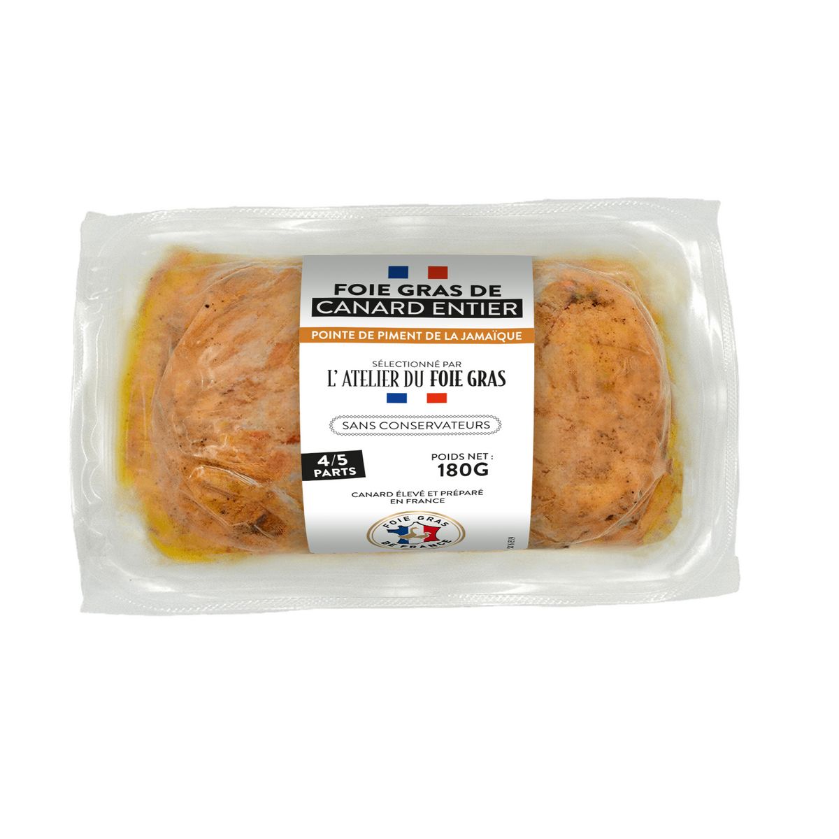Foie gras de canard entier du sud-ouest pointe de piment de la Jamaïque 4-5 parts 180g