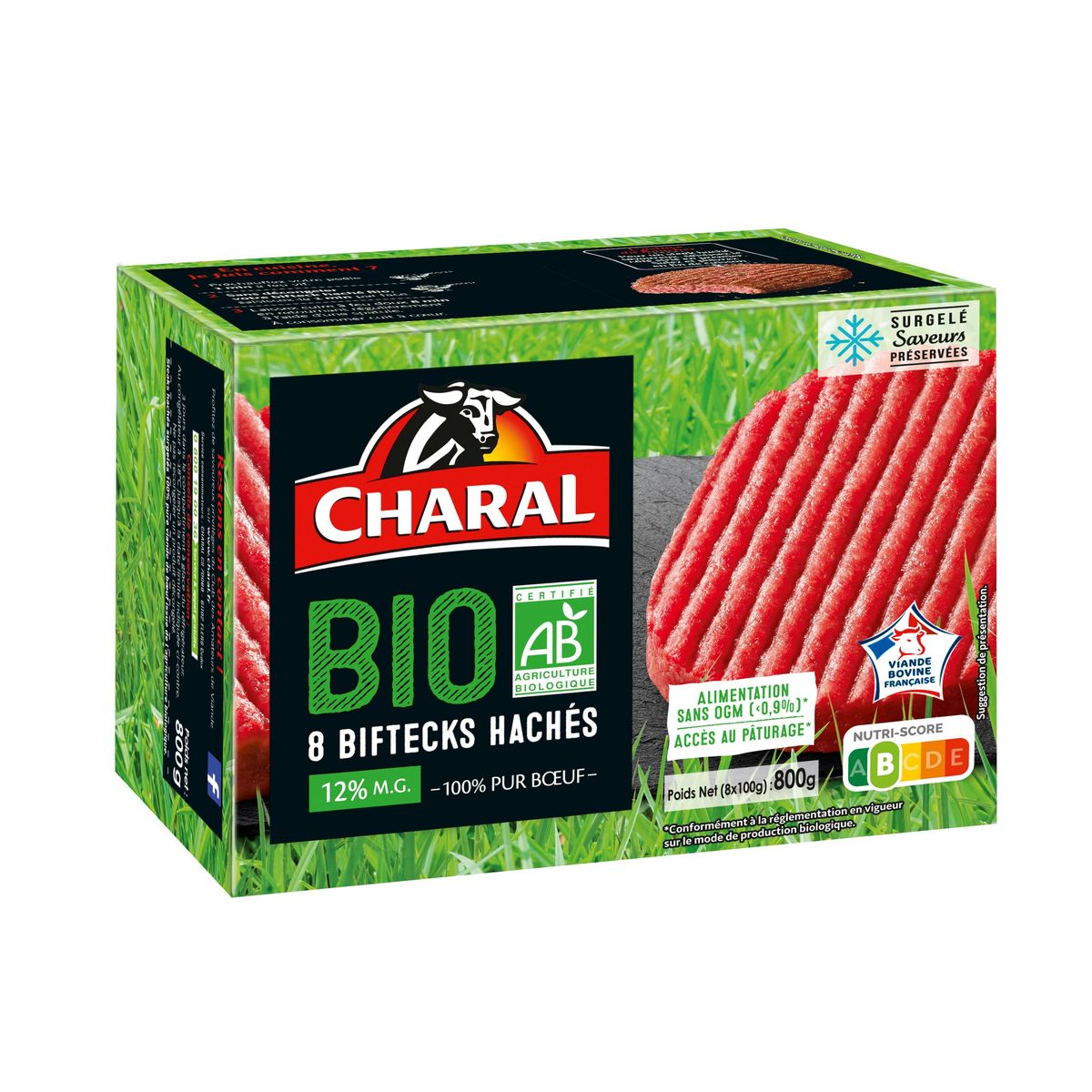 CHARAL Bifteck hachés 12% MG bio 8 pièces 800G