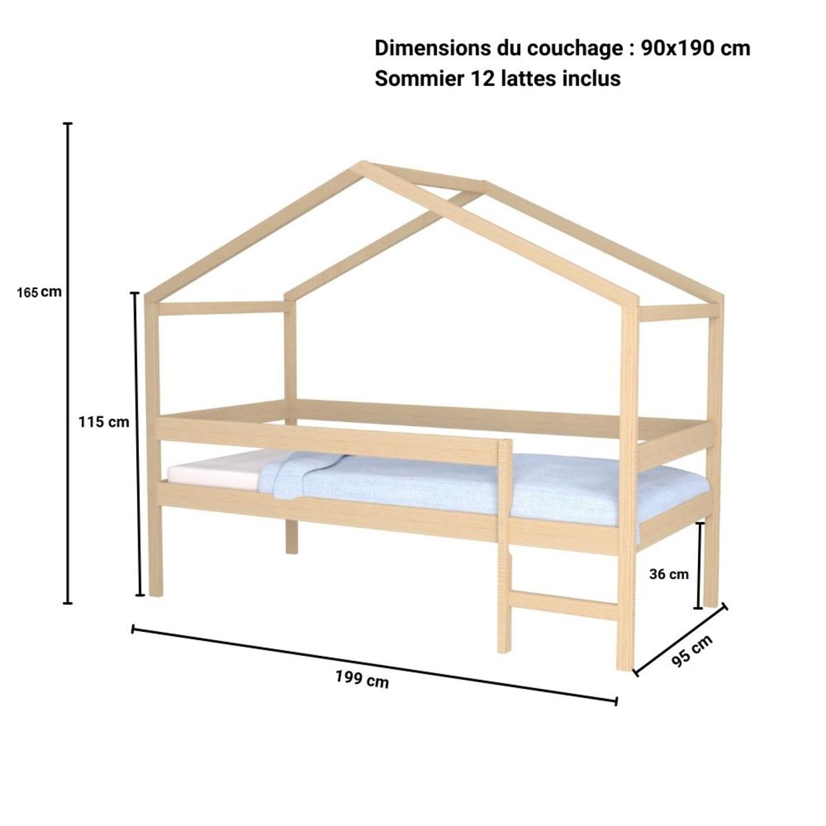 Lit cabane bois massif 90x190 cm avec sommier barrière et échelle ELIO