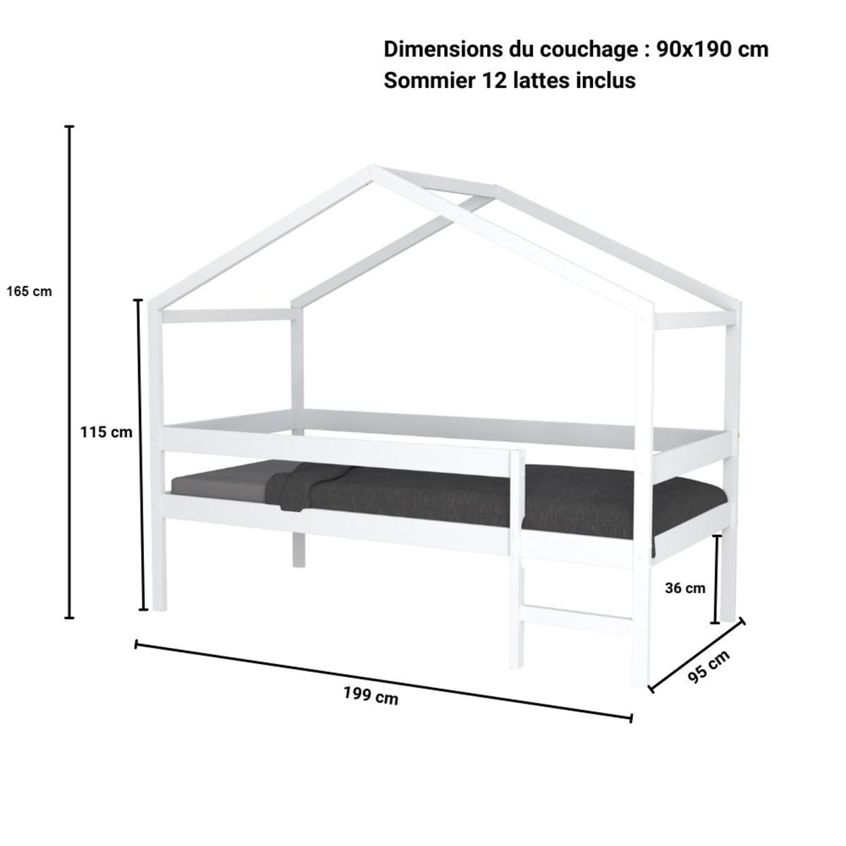 Lit cabane bois massif 90x190 cm avec sommier barrière et échelle ELIO