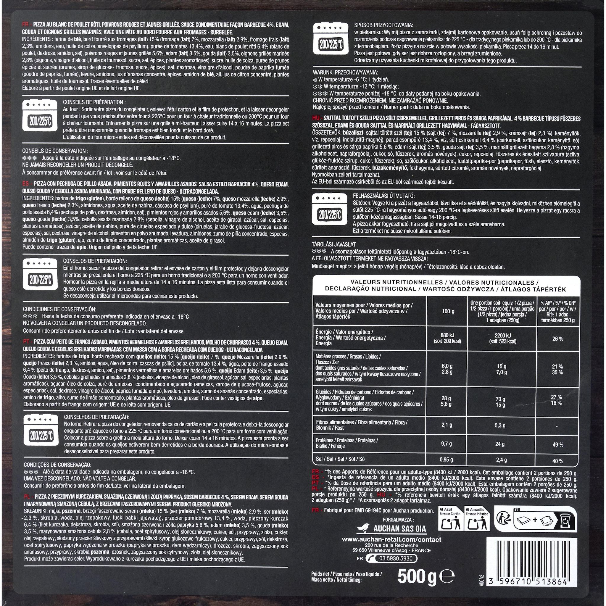 Voir la diapositive 3 : AUCHAN Pizza méga barbecue bord fourré 500g