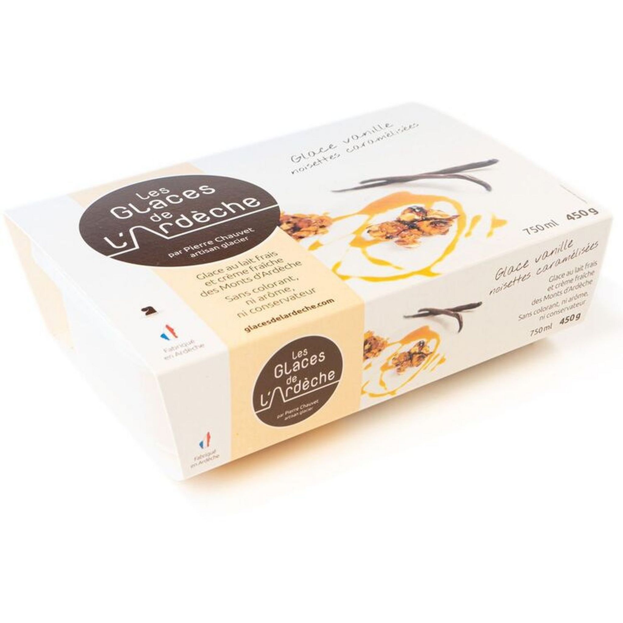 LES GLACES DE L'ARDECHE Crème glacée à la vanille et aux noisettes caramélisées 450g