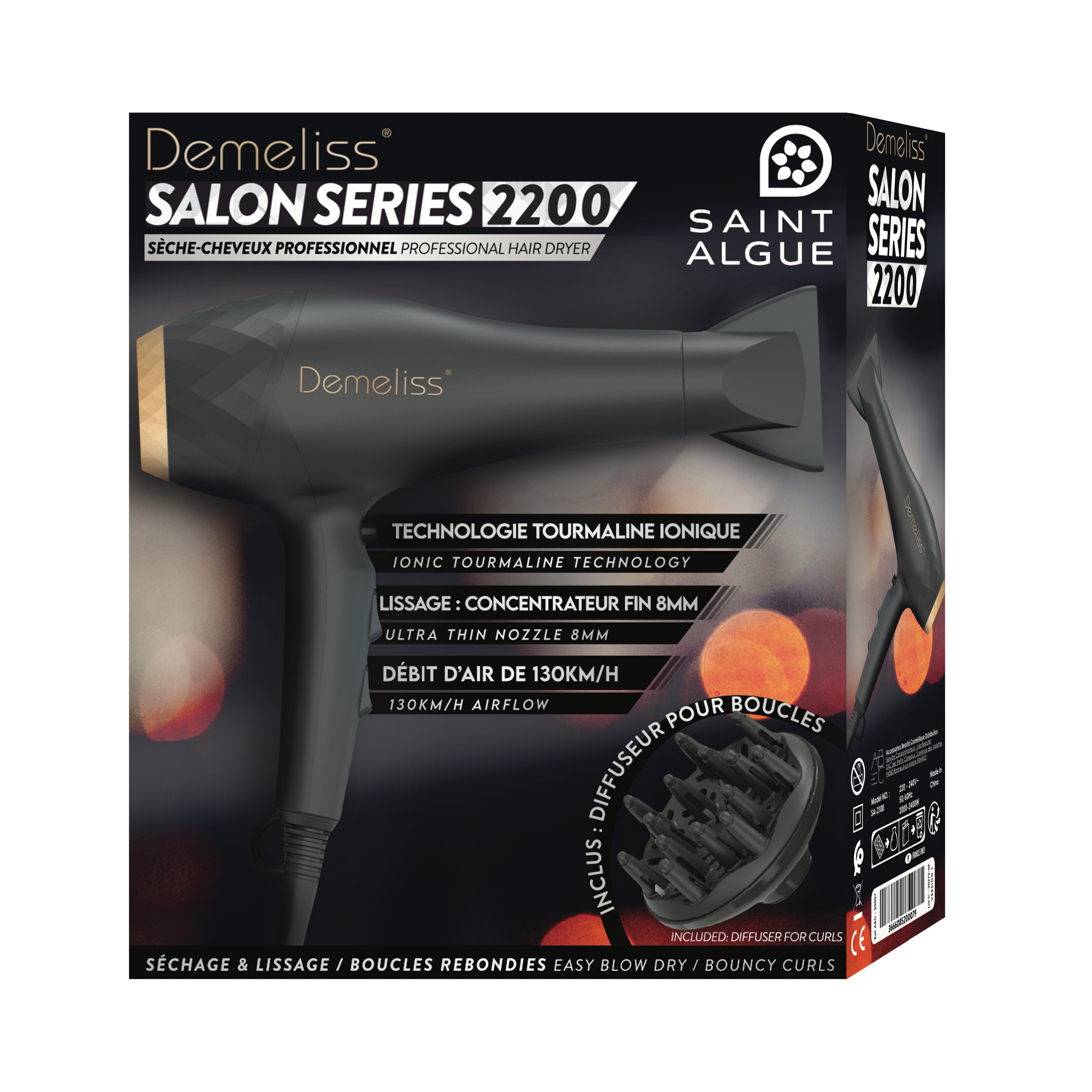 Voir la diapositive 4 : DEMELISS Sèche cheveux professionnel ionique avec diffuseur 20007 - Noir