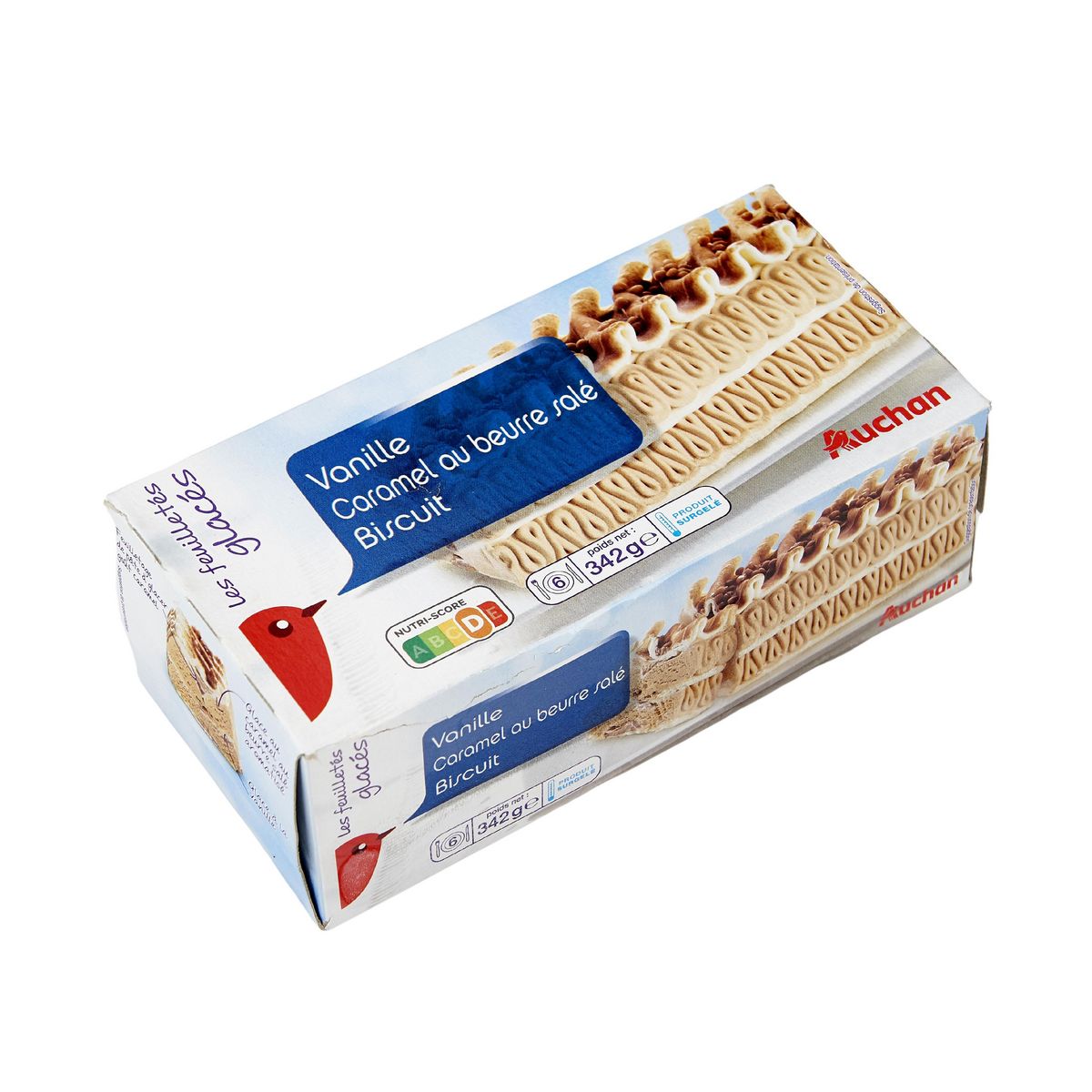 AUCHAN Feuilleté glacé vanille caramel au beurre salé biscuit 6 portions 342g