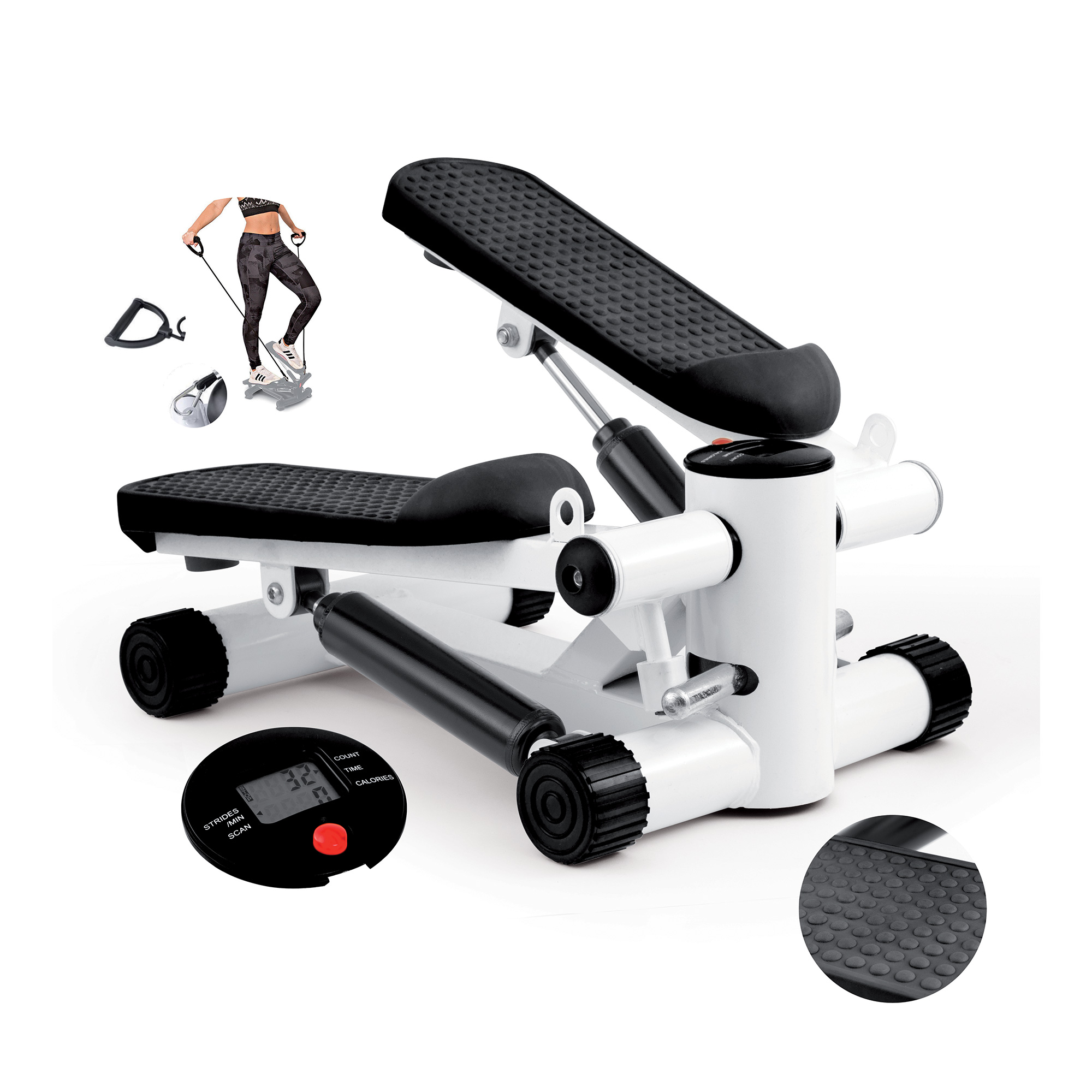 Voir la diapositive 2 : FIT FOR LIFE Stepper avec compteur et élastique FTI-STEP - Blanc et noir