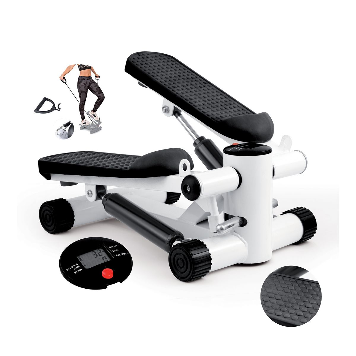 FIT FOR LIFE Stepper avec compteur et élastique FTI-STEP - Blanc et noir