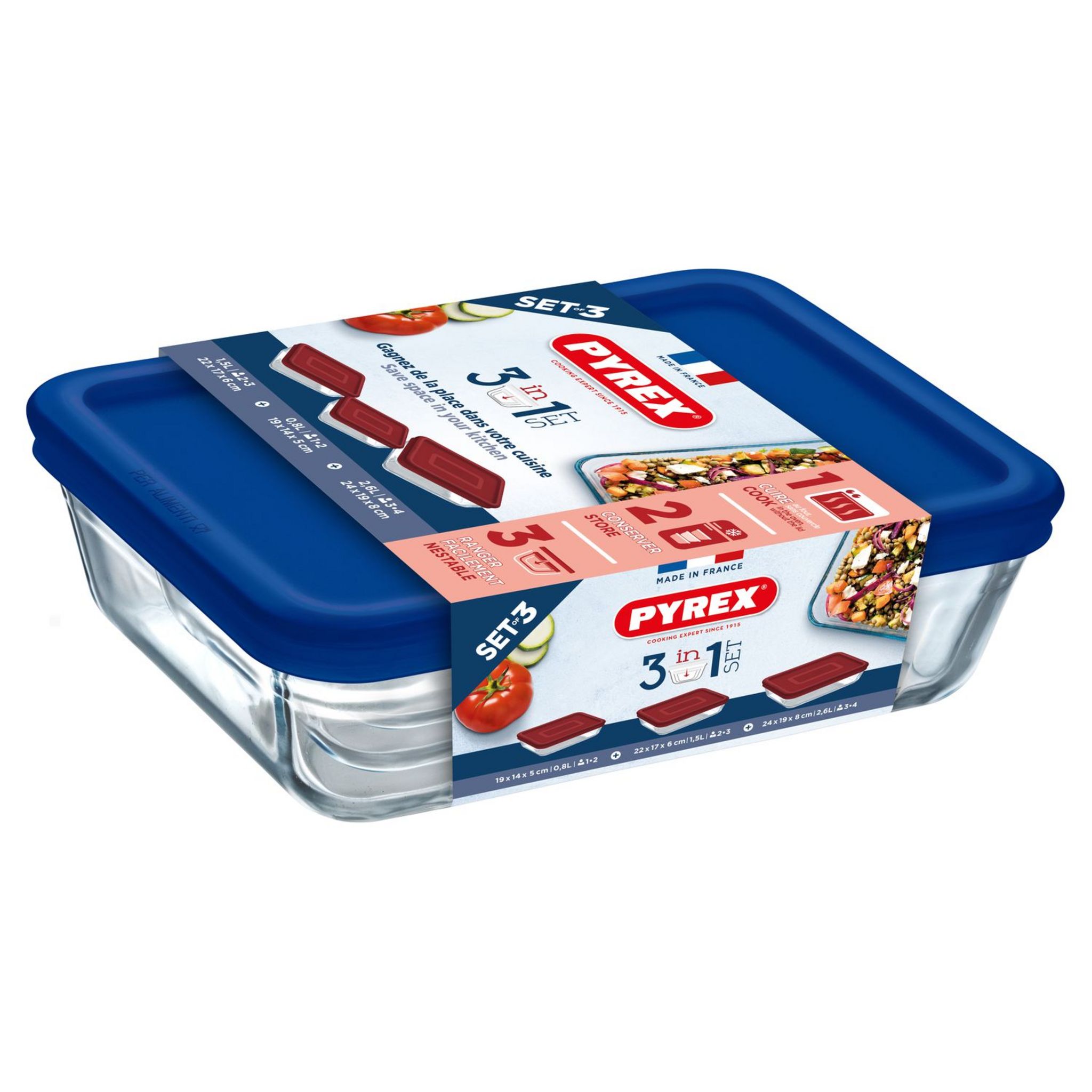 PYREX Lot de 3 boites en verre COOK & FREEZE - Bleu pas cher - Auchan.fr
