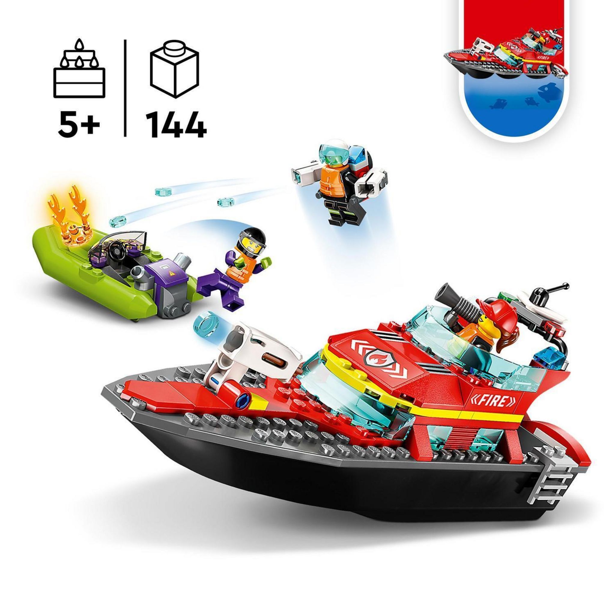 Voir la diapositive 3 : LEGO City 60373 Le Bateau de Sauvetage des Pompiers, Jouet Flottant, Jetpack et Minifigurines