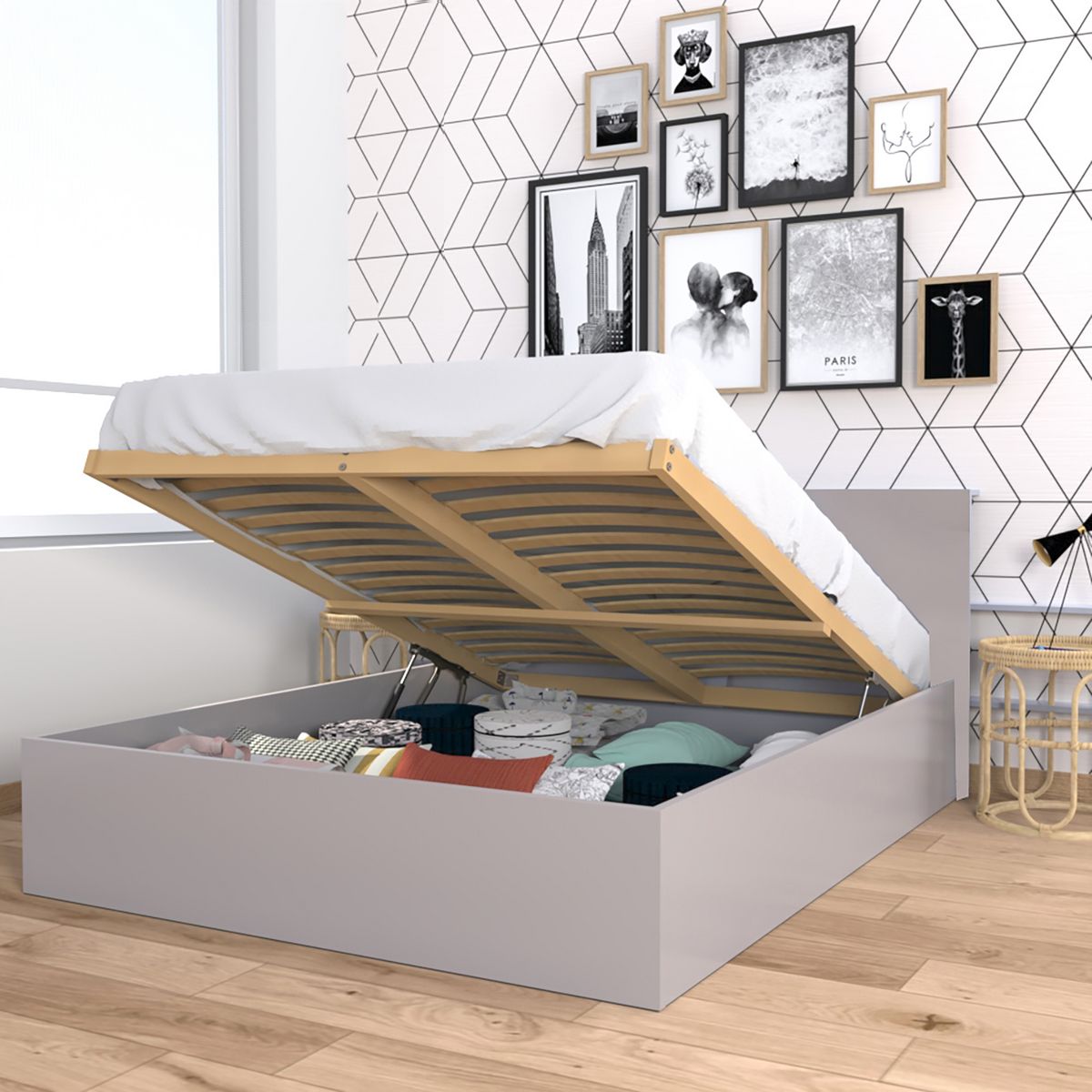 Lit coffre avec sommier relevable et tête de lit 160x200 cm MADRID