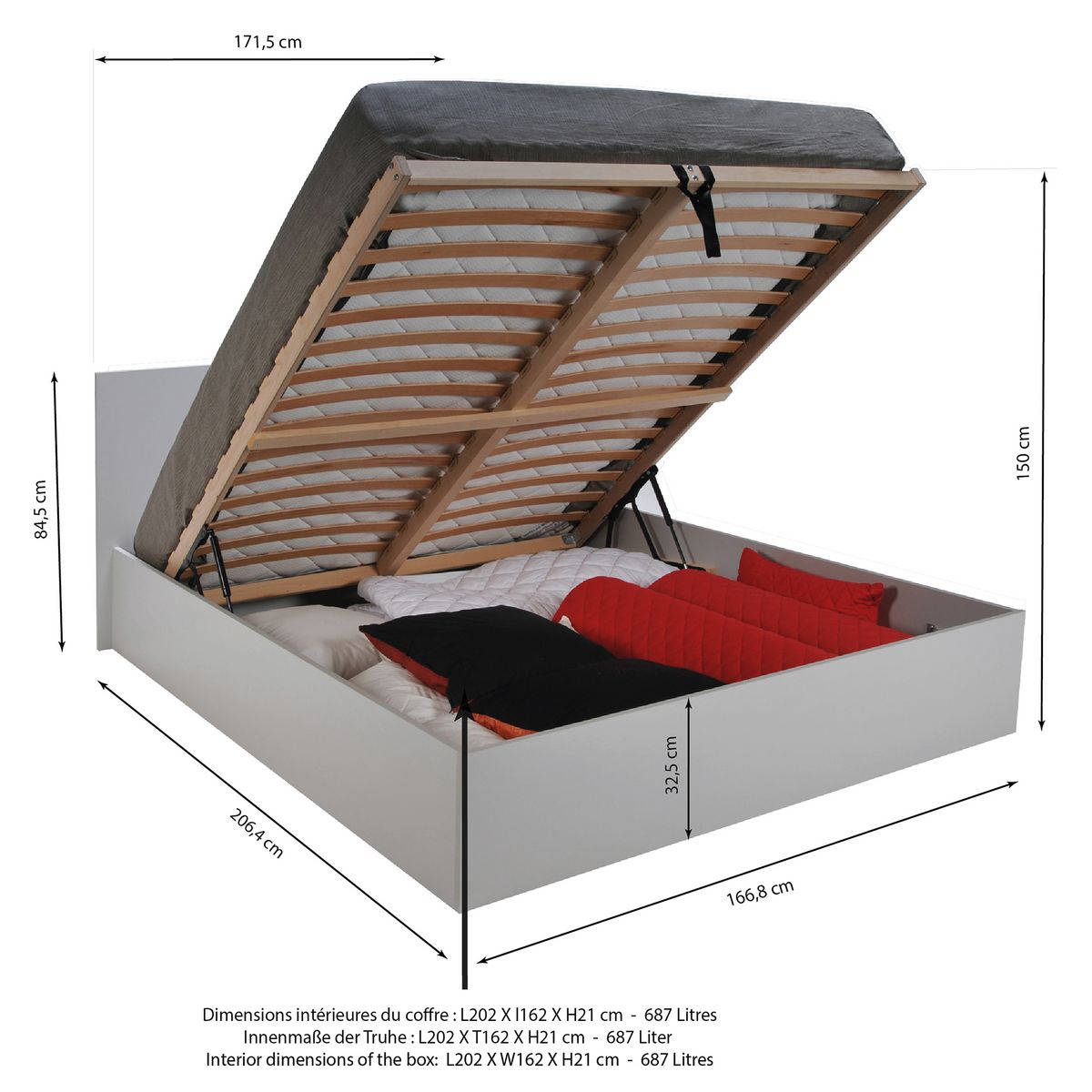 Lit coffre avec sommier relevable et tête de lit 160x200 cm MADRID