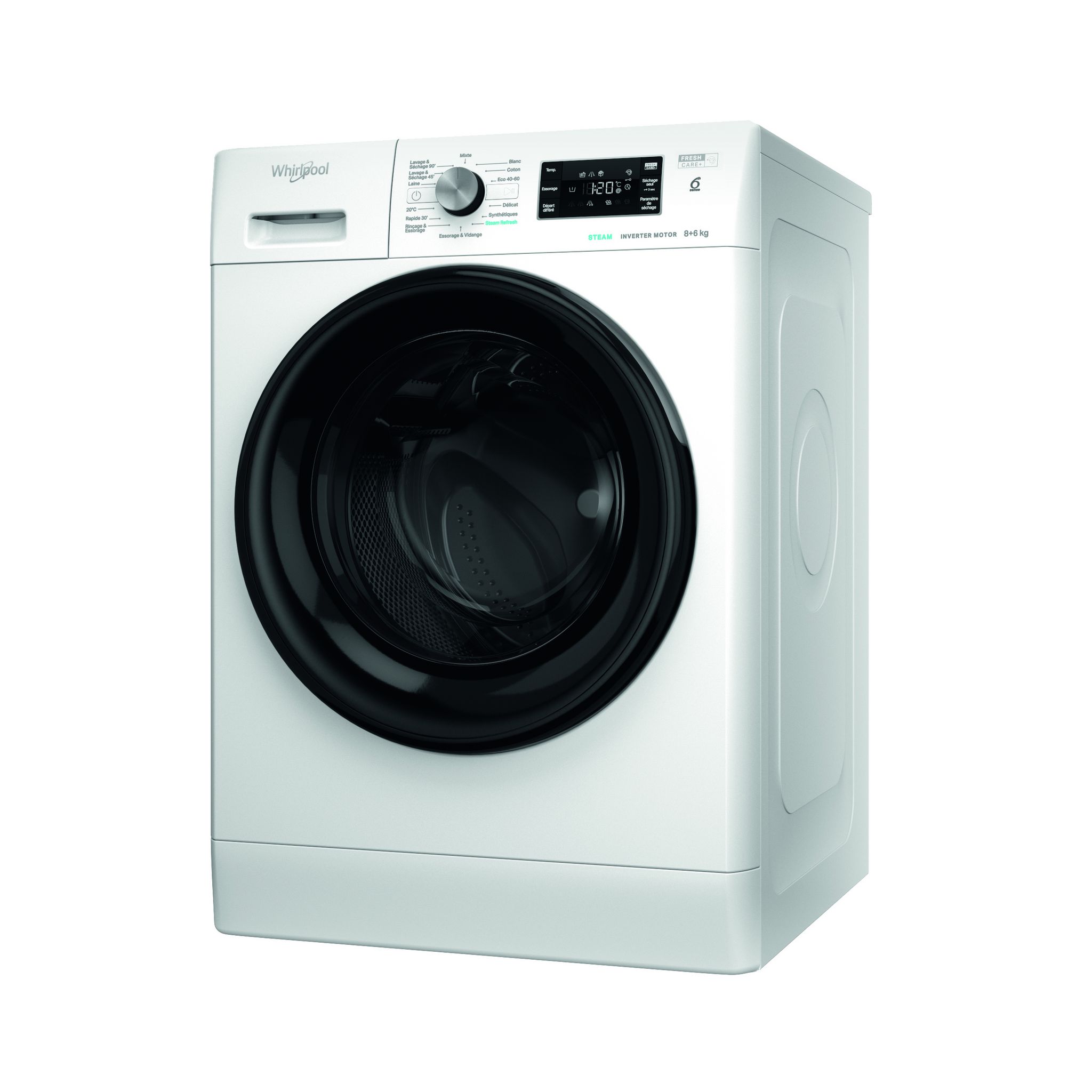 Voir la diapositive 2 : WHIRLPOOL Lave linge séchant hublot PFFWDB864349BVFR, 8 kg lavage, 6 kg séchage, 1400 T/min, Moteur induction, D
