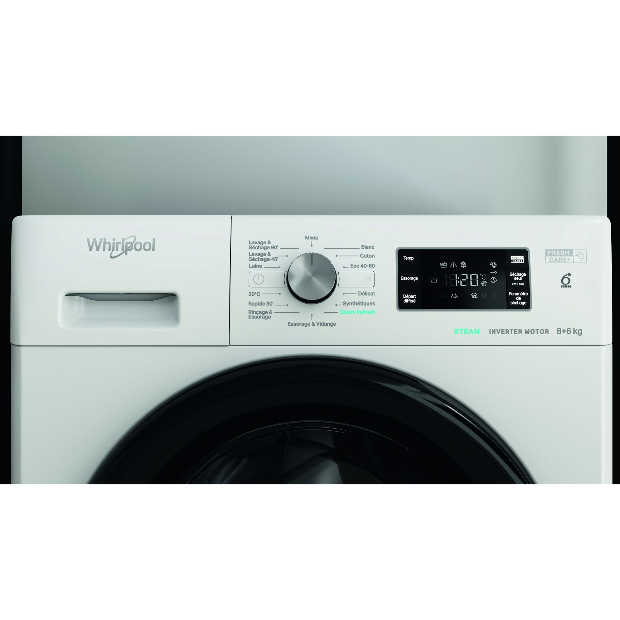 Voir la diapositive 3 : WHIRLPOOL Lave linge séchant hublot PFFWDB864349BVFR, 8 kg lavage, 6 kg séchage, 1400 T/min, Moteur induction, D