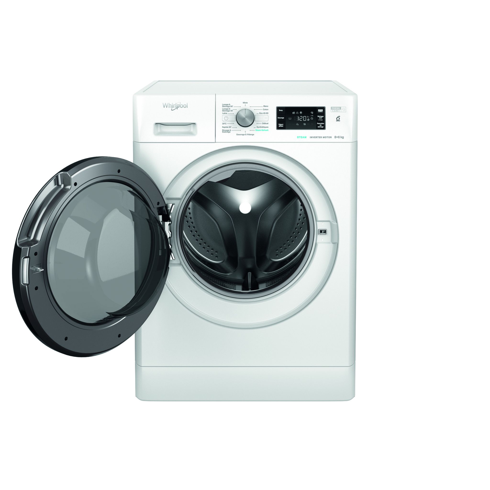 Voir la diapositive 7 : WHIRLPOOL Lave linge séchant hublot PFFWDB864349BVFR, 8 kg lavage, 6 kg séchage, 1400 T/min, Moteur induction, D