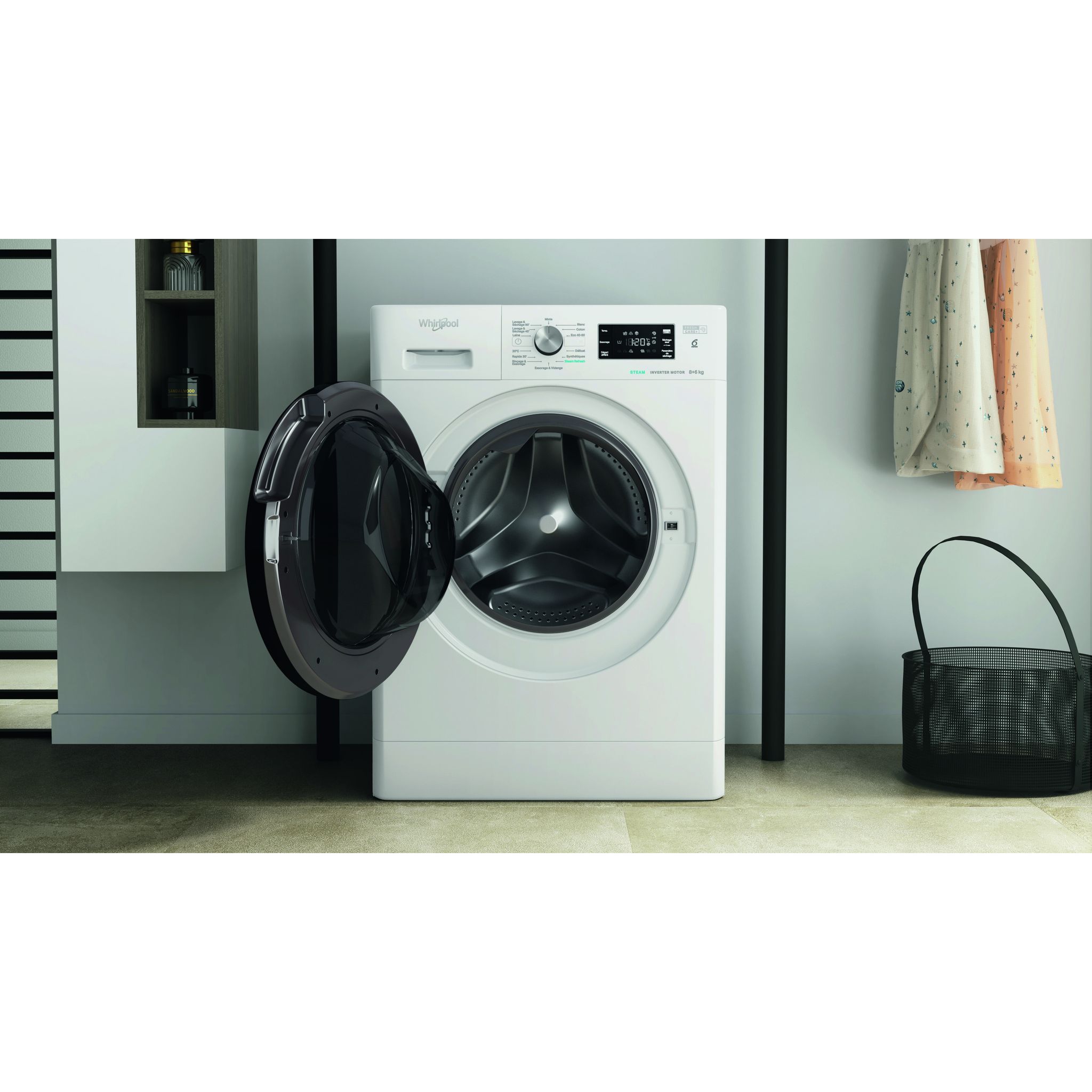 Voir la diapositive 8 : WHIRLPOOL Lave linge séchant hublot PFFWDB864349BVFR, 8 kg lavage, 6 kg séchage, 1400 T/min, Moteur induction, D