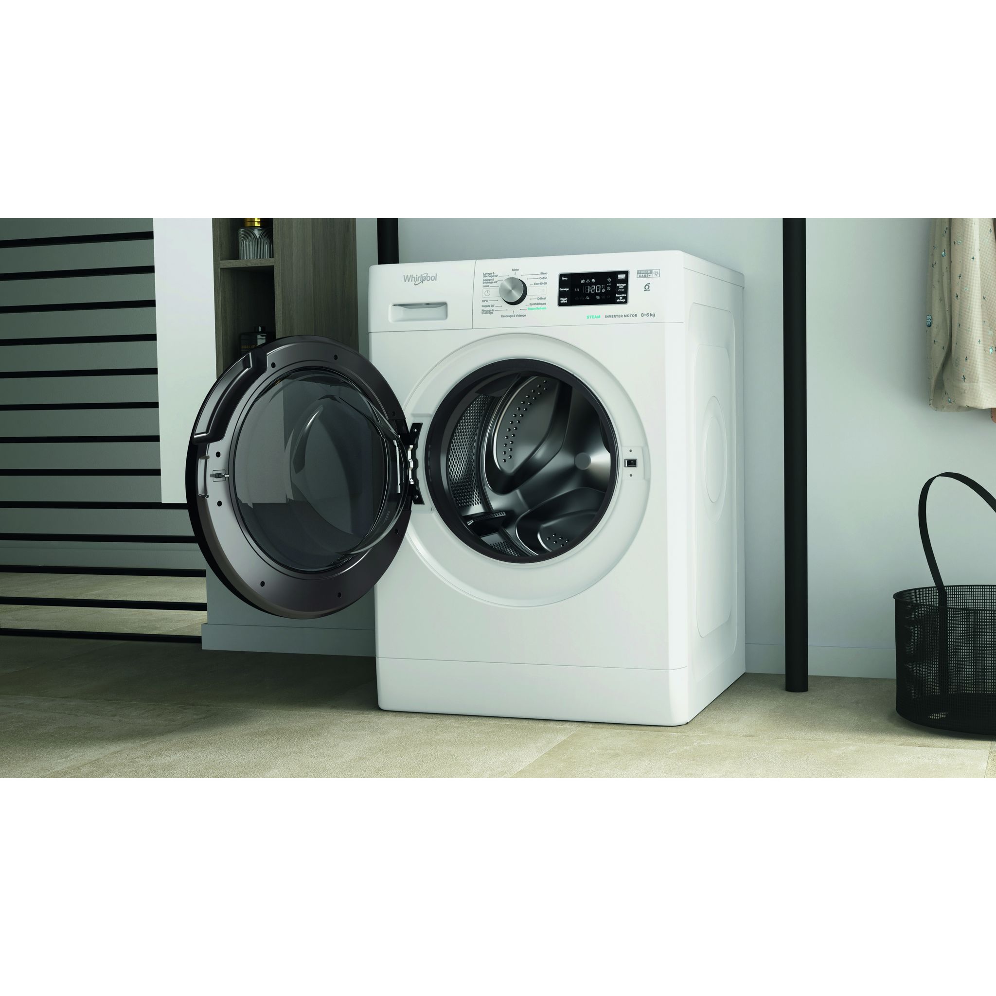 Voir la diapositive 10 : WHIRLPOOL Lave linge séchant hublot PFFWDB864349BVFR, 8 kg lavage, 6 kg séchage, 1400 T/min, Moteur induction, D