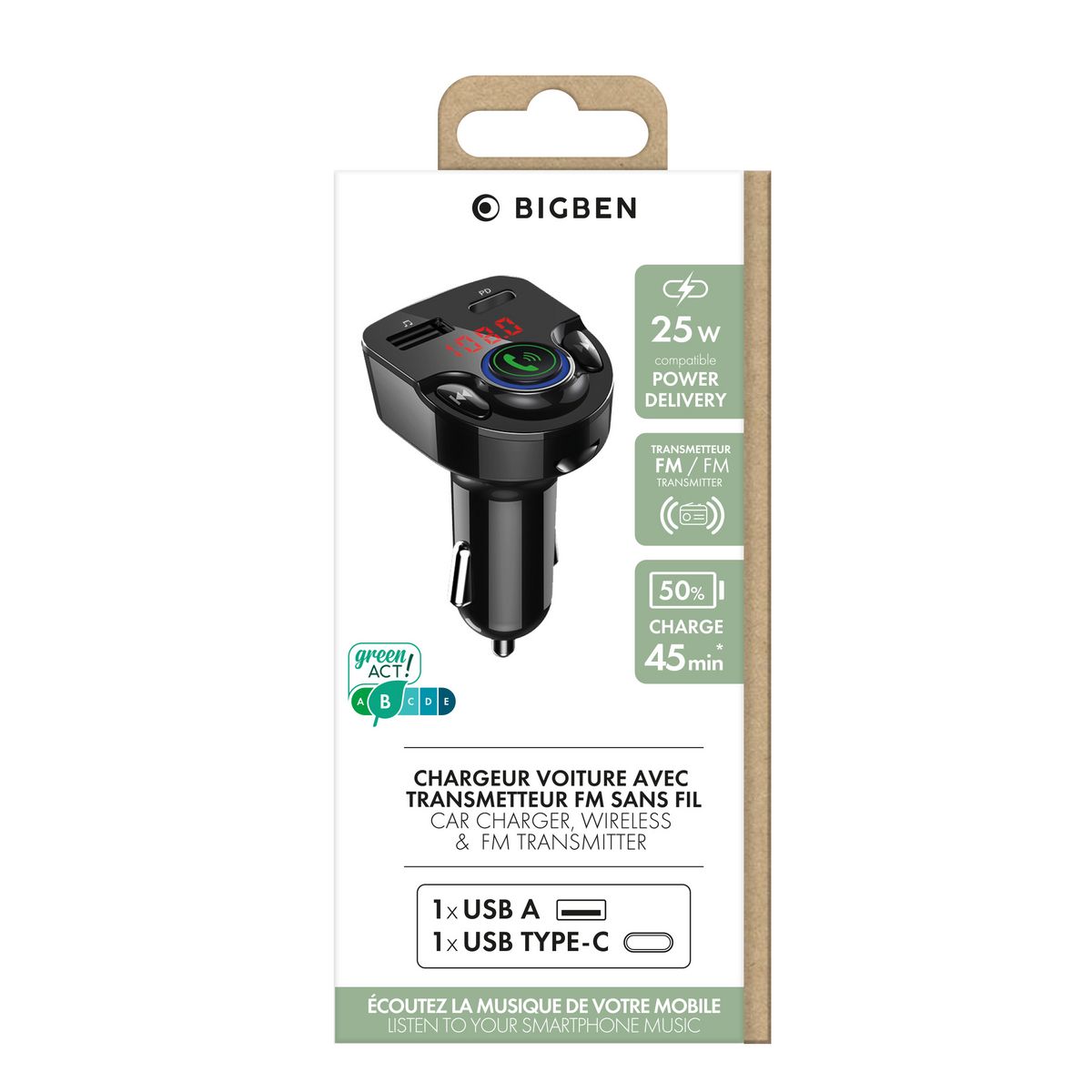 BIGBEN Chargeur voiture avec transmetteur FM sans fil USB A-USB C  - Noir