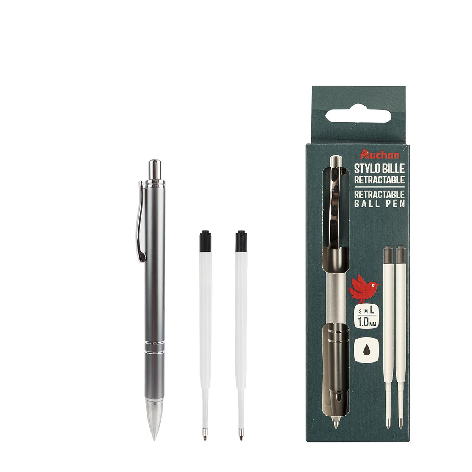 AUCHAN Stylo rétractable Premium+2 recharges - Noir
