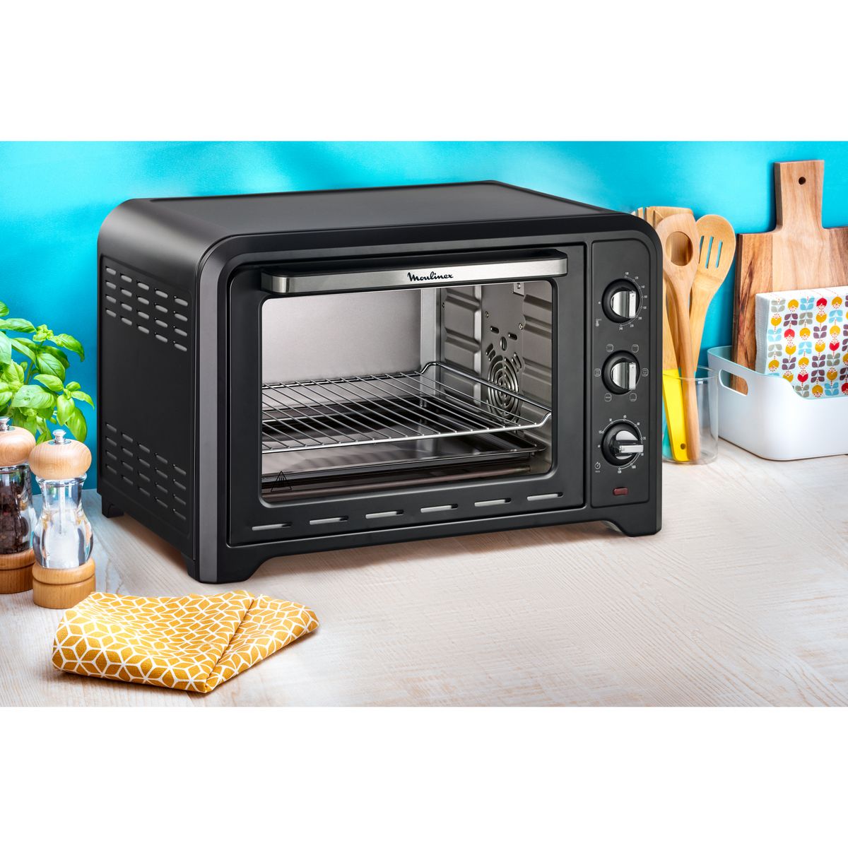 MOULINEX Mini four avec pierre à pizza chaleur tournante OX487810, 39 L, Noir