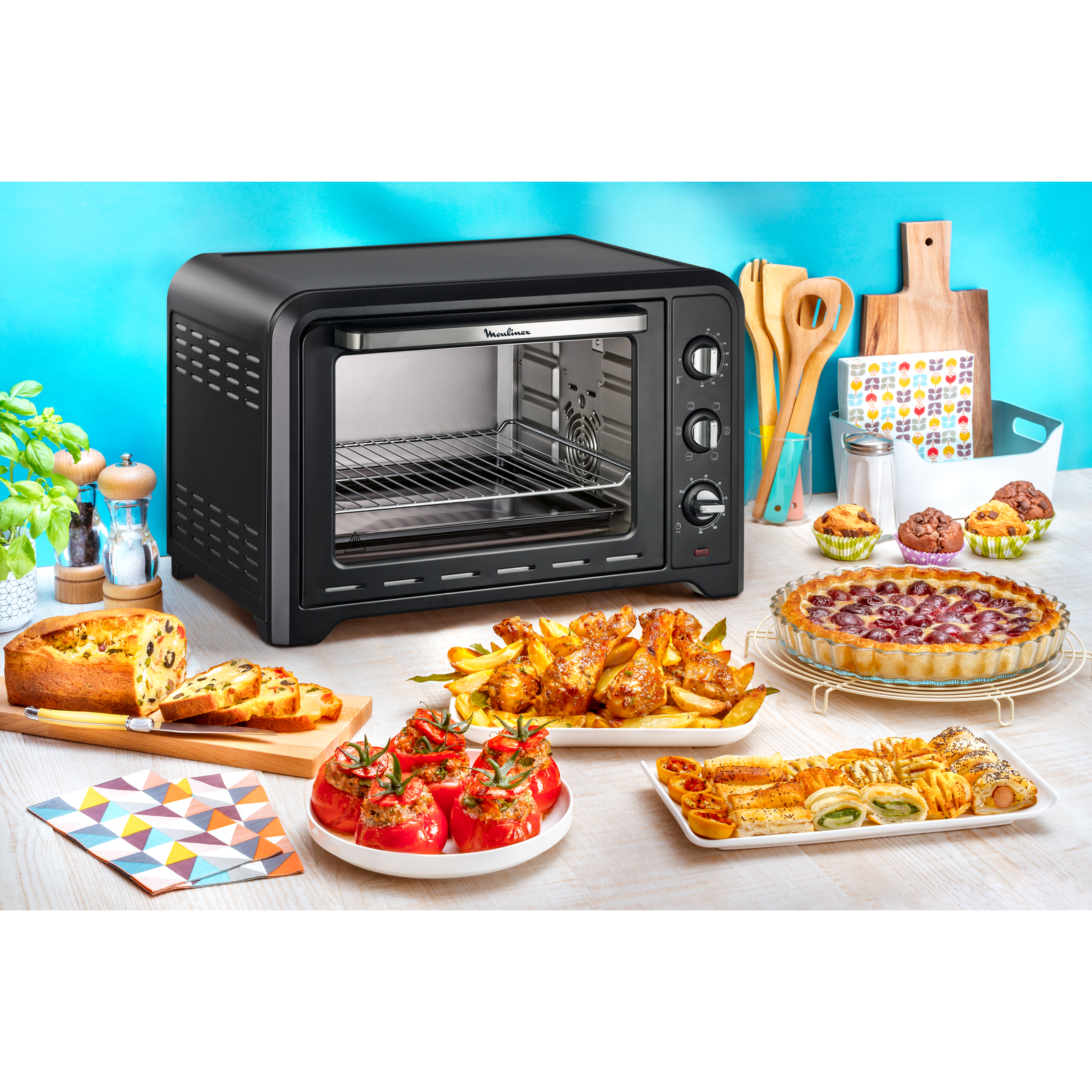 Voir la diapositive 3 : MOULINEX Mini four avec pierre à pizza chaleur tournante OX487810, 39 L, Noir