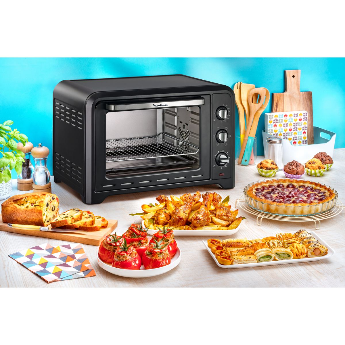 MOULINEX Mini four avec pierre à pizza chaleur tournante OX487810, 39 L, Noir