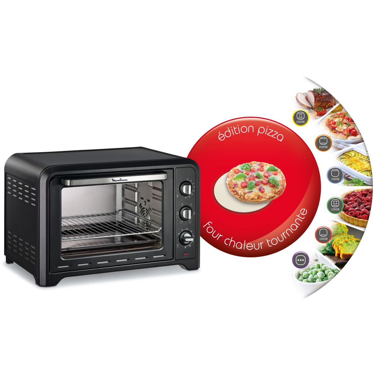 MOULINEX Mini four avec pierre à pizza chaleur tournante OX487810, 39 L, Noir