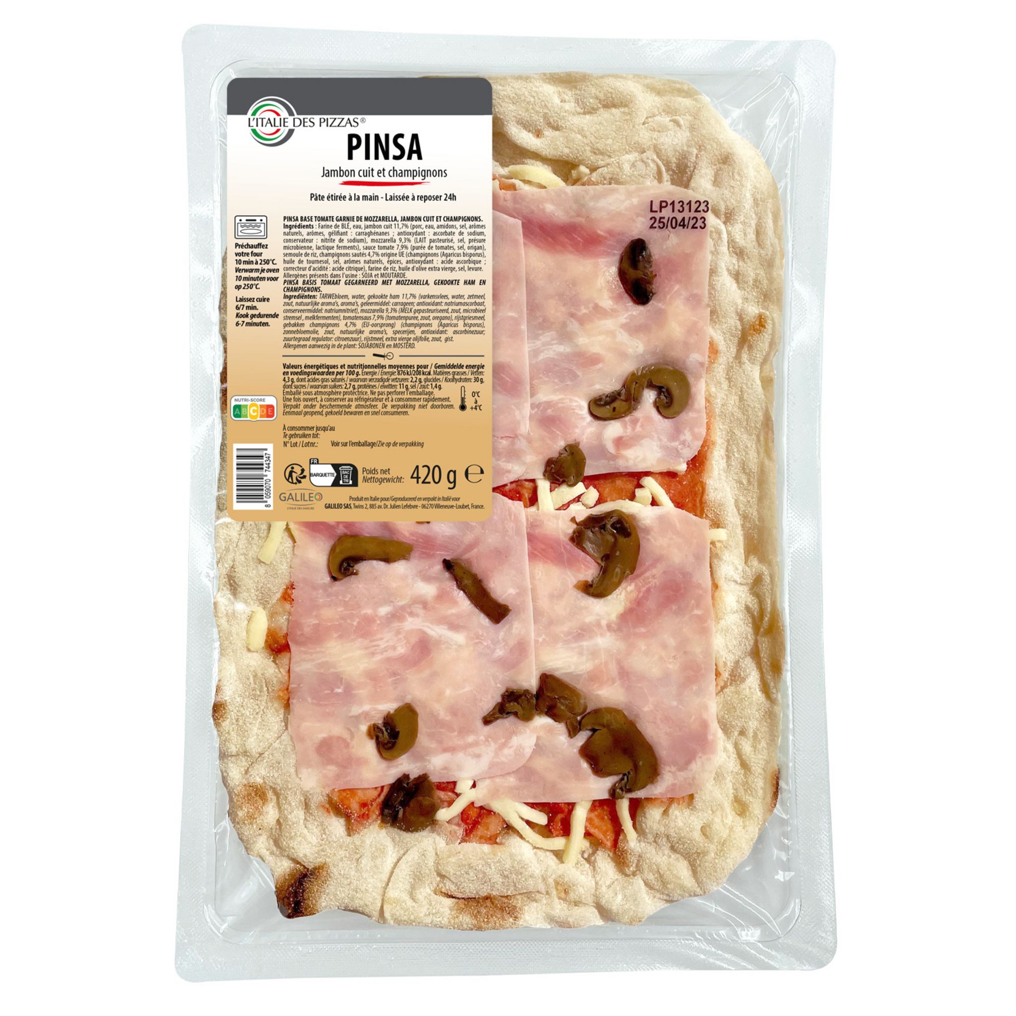 L'ITALIE DES PIZZAS Pinsa au jambon cuit et champignons 420g
