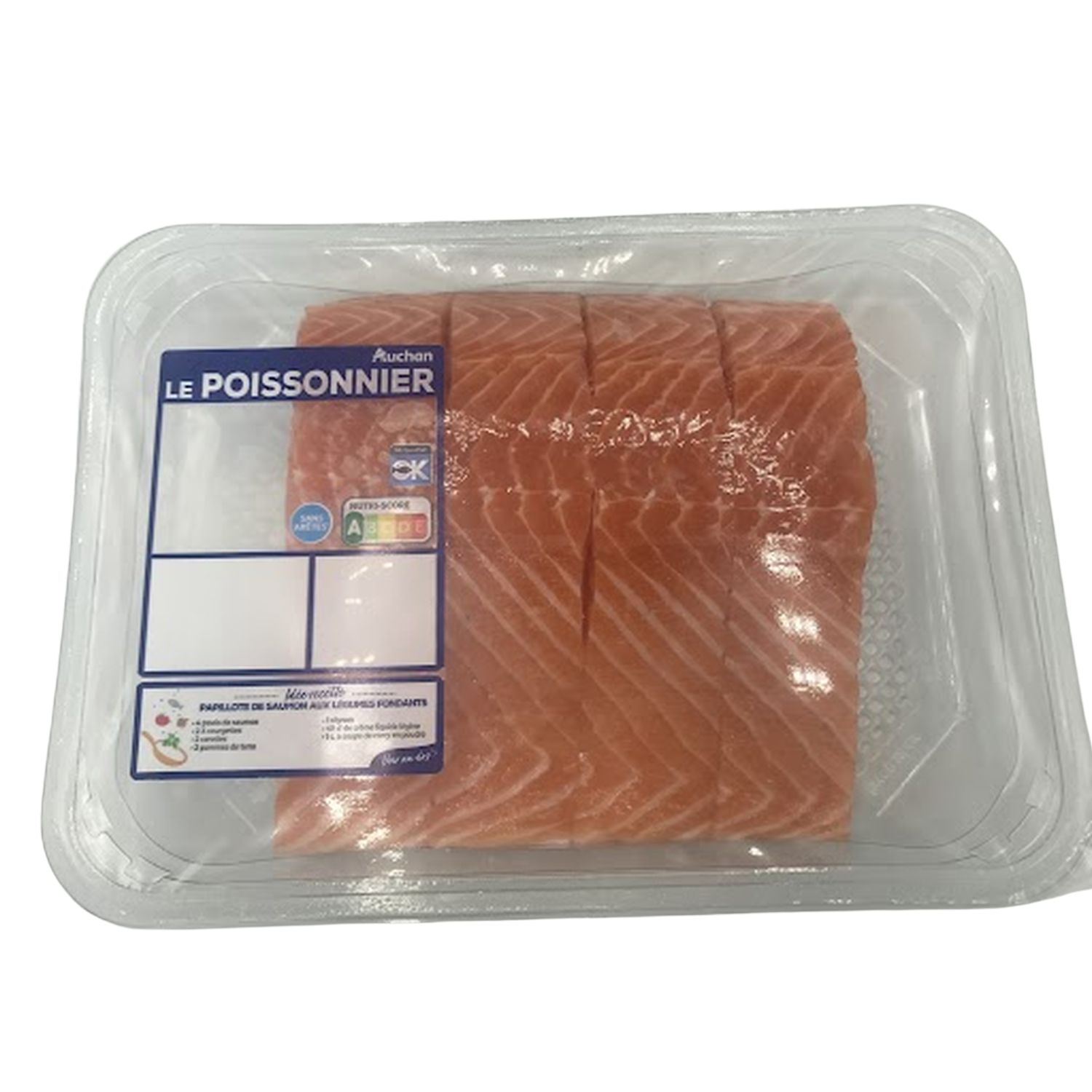 Voir la diapositive 2 : AUCHAN LE POISSONNIER Pavés de saumon de Norvége 4 pièces 500g
