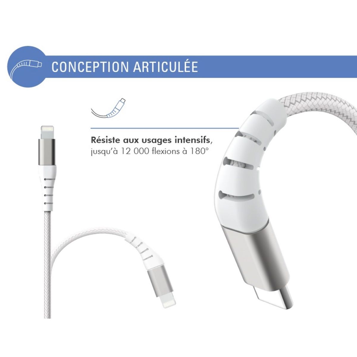 BIGBEN Câble renforcé USB C/Lightning - Longueur du câble 2m - Blanc