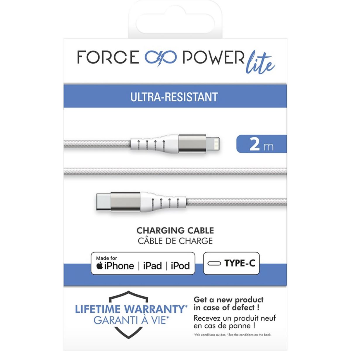 BIGBEN Câble renforcé USB C/Lightning - Longueur du câble 2m - Blanc