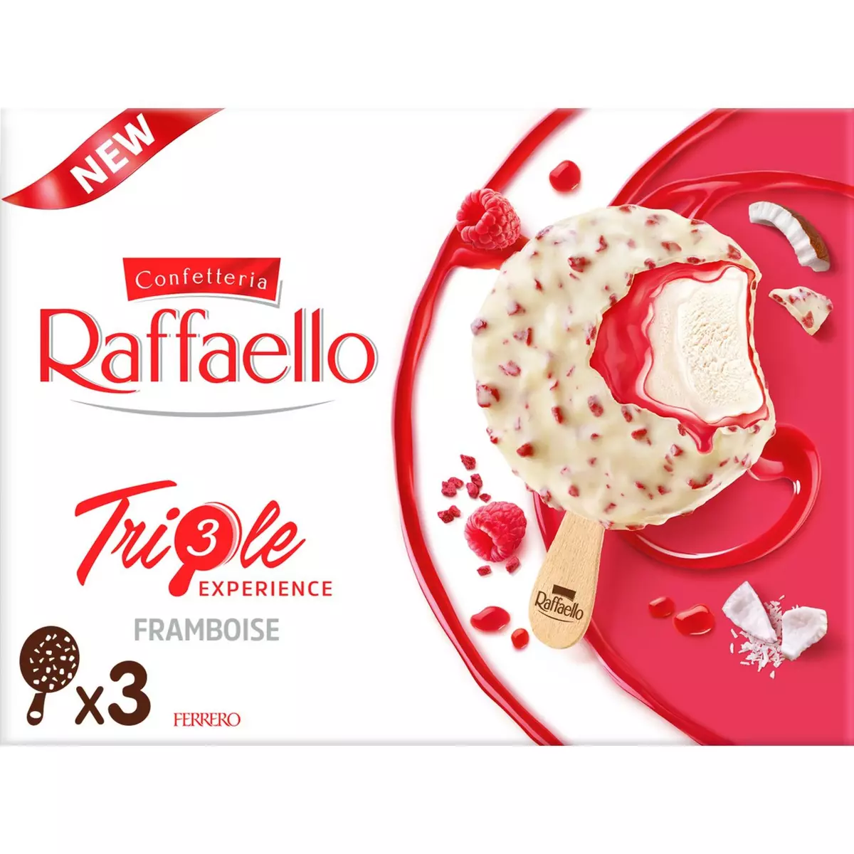 RAFFAELLO Bâtonnet glacé triple framboise et chocolat blanc 3 pièces 138g  pas cher 