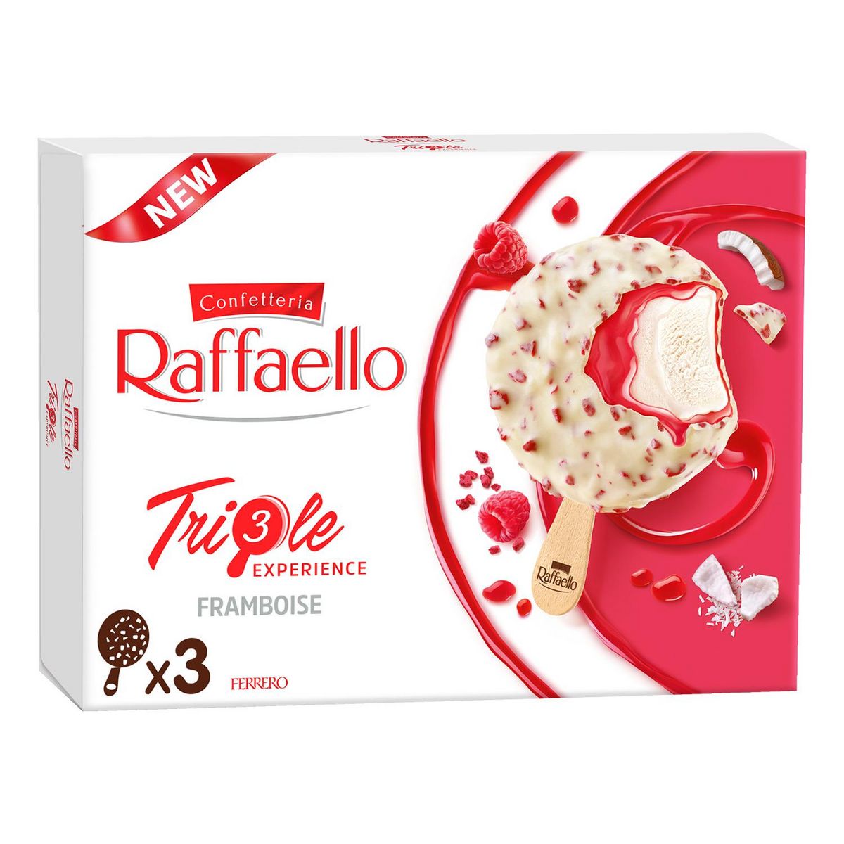 RAFFAELLO Bâtonnet glacé triple framboise et chocolat blanc 3 pièces 138g