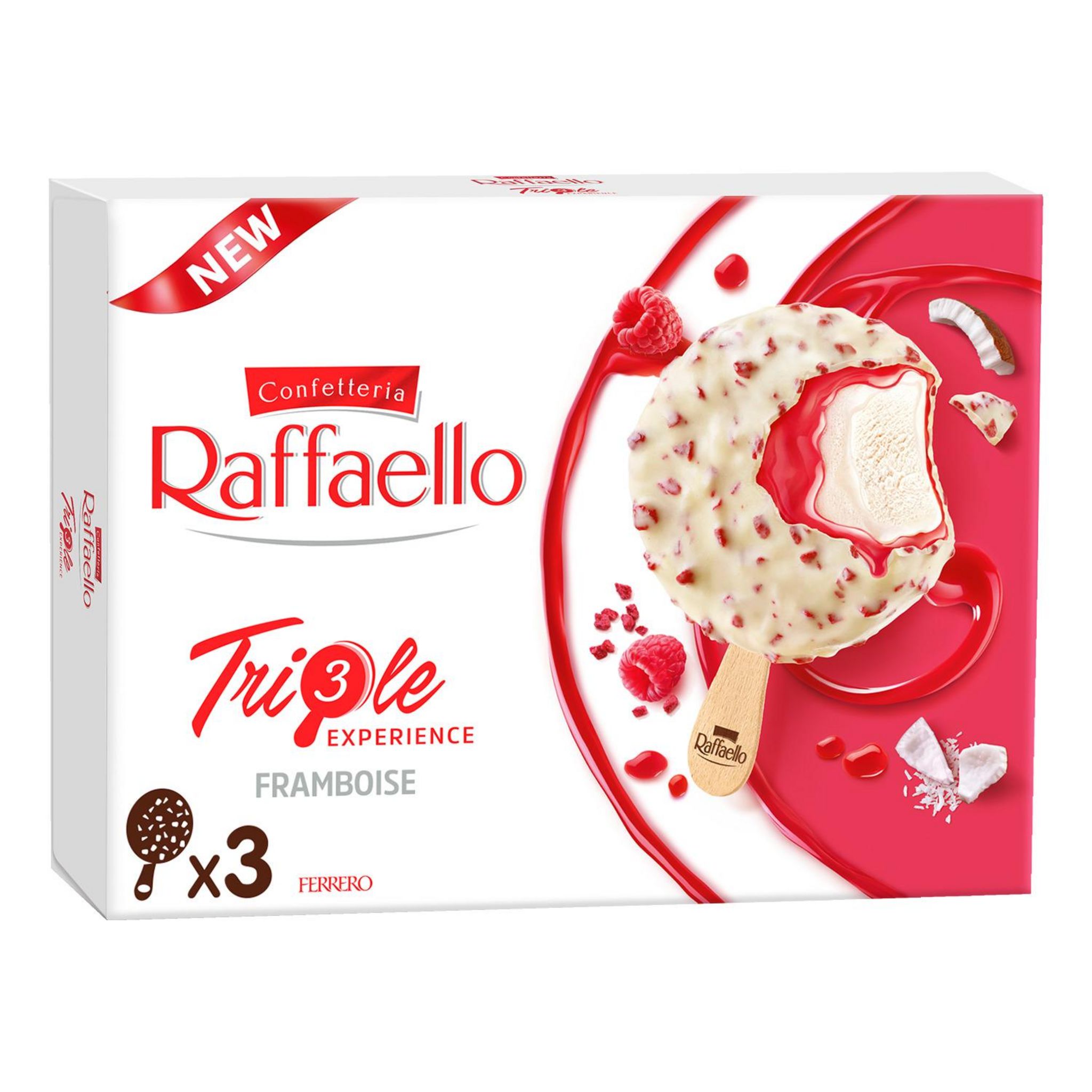 Voir la diapositive 2 : RAFFAELLO Bâtonnet glacé triple framboise et chocolat blanc 3 pièces 138g