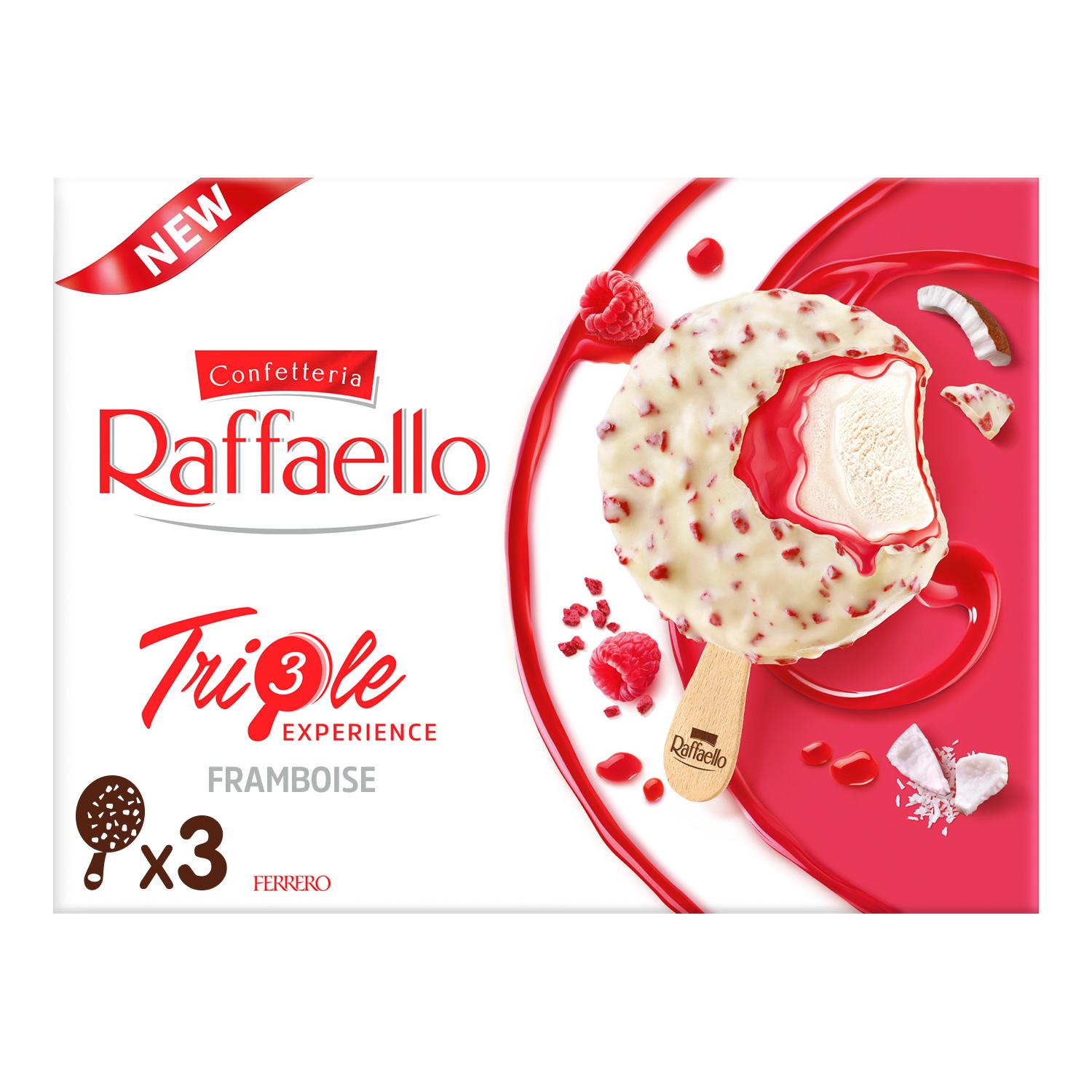 Voir la diapositive 3 : RAFFAELLO Bâtonnet glacé triple framboise et chocolat blanc 3 pièces 138g