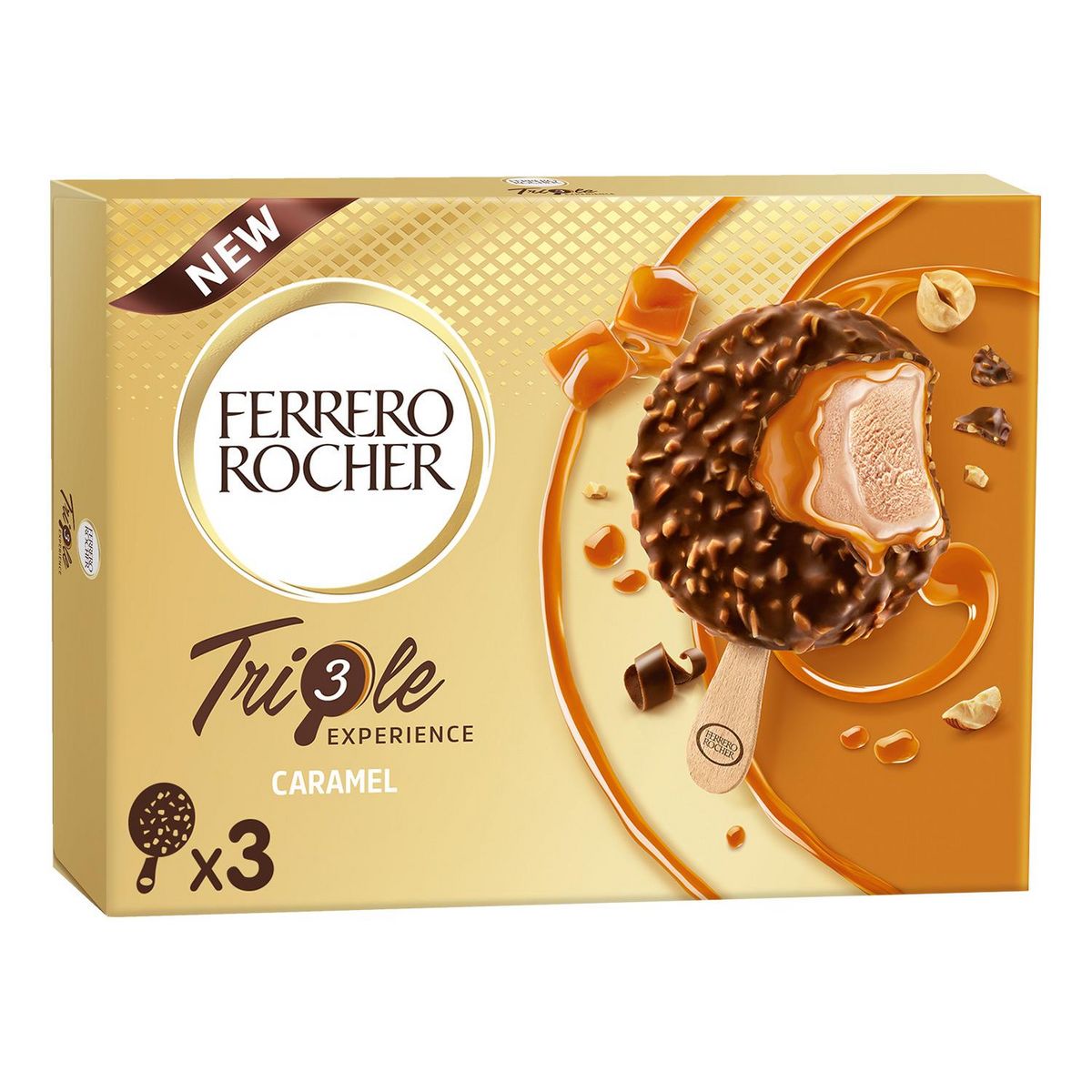 FERRERO ROCHER Bâtonnets glacés triple caramel et chocolat au lait 3 pièces 138g